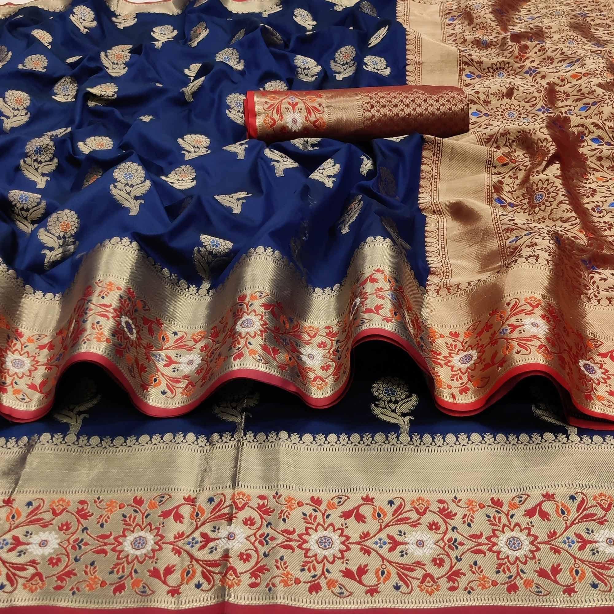 Navy Blue Festive Wear Floral Woven Soft Silk Saree With Jacquard Border - Peachmode