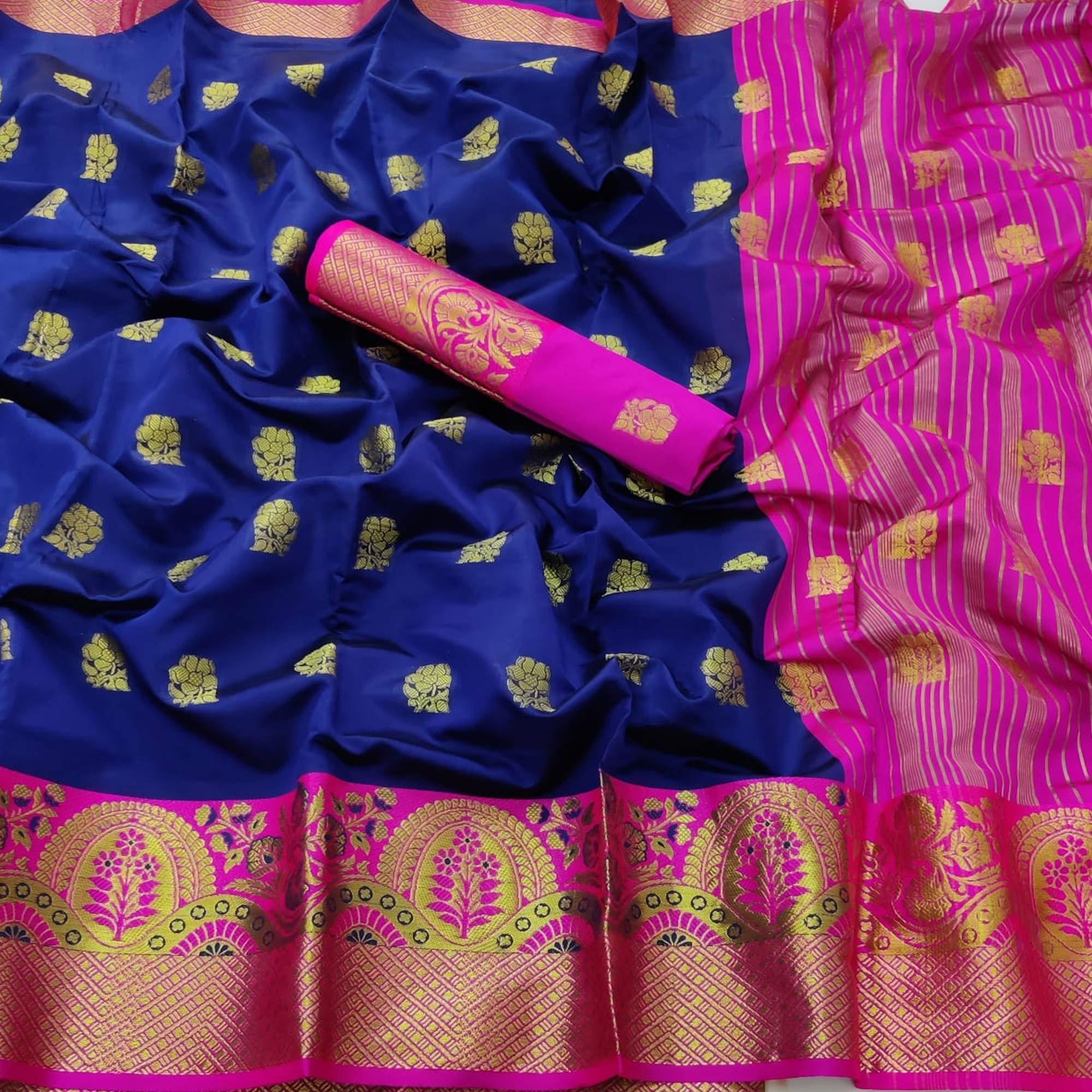 Navy Blue Festive Wear Floral Woven Soft Silk Saree With Meena Butta Lining Pallu - Peachmode