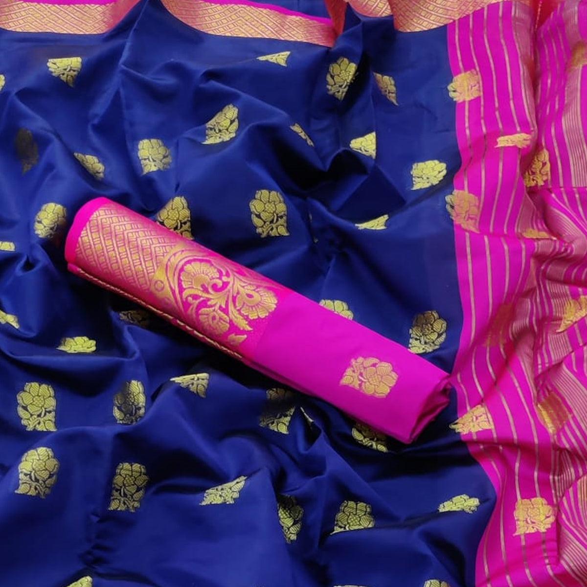 Navy Blue Festive Wear Floral Woven Soft Silk Saree With Meena Butta Lining Pallu - Peachmode