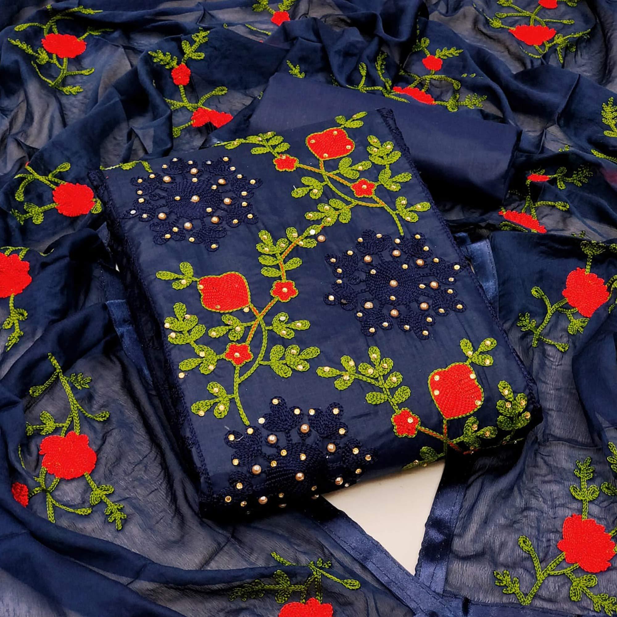 Navy Blue Festive Wear Pearl Work Embroidered Cotton Dress Material - Peachmode