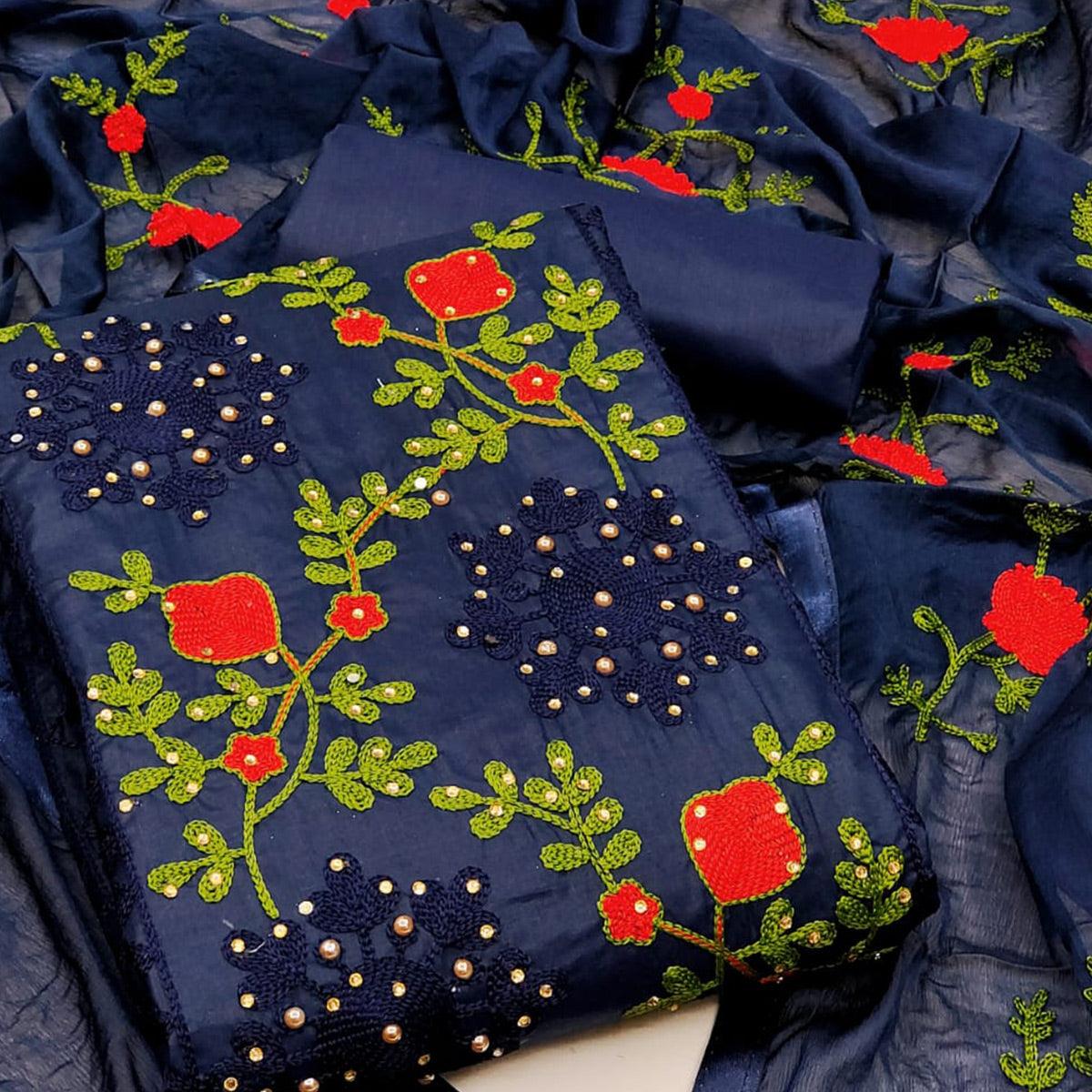 Navy Blue Festive Wear Pearl Work Embroidered Cotton Dress Material - Peachmode