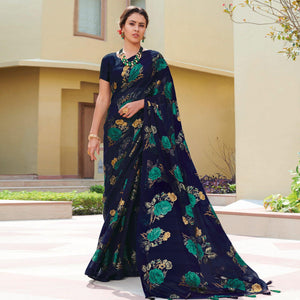 Navy Blue Festive Wear Printed Brasso Saree - Peachmode