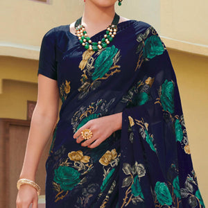 Navy Blue Festive Wear Printed Brasso Saree - Peachmode