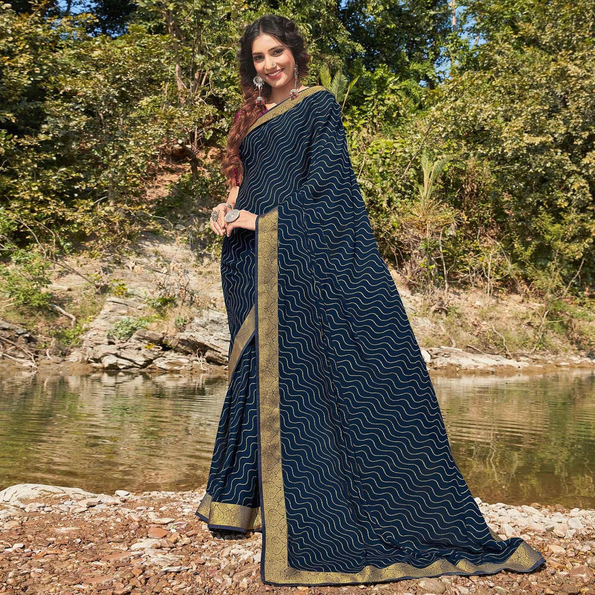 Navy Blue Festive Wear Printed Silk Saree - Peachmode