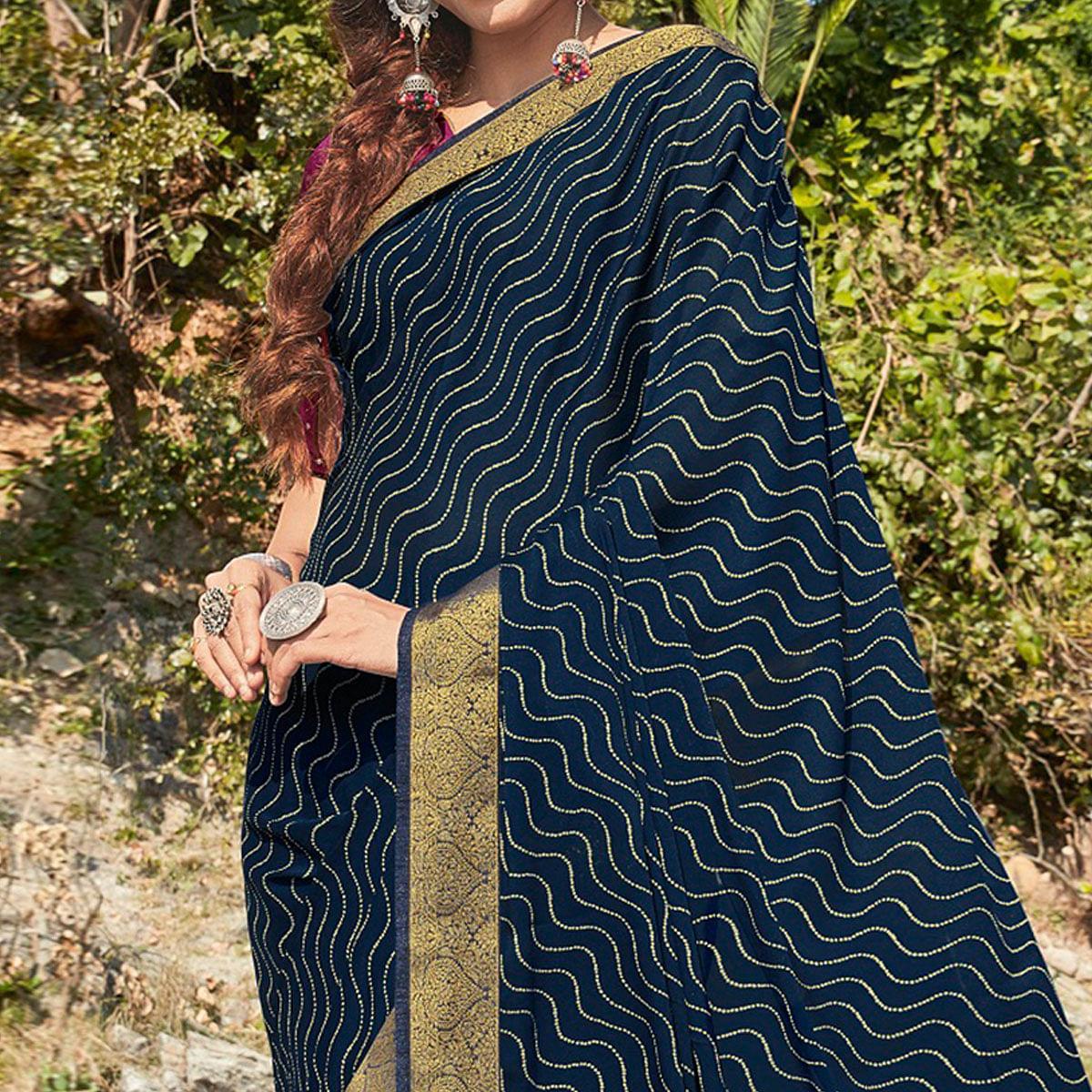 Navy Blue Festive Wear Printed Silk Saree - Peachmode
