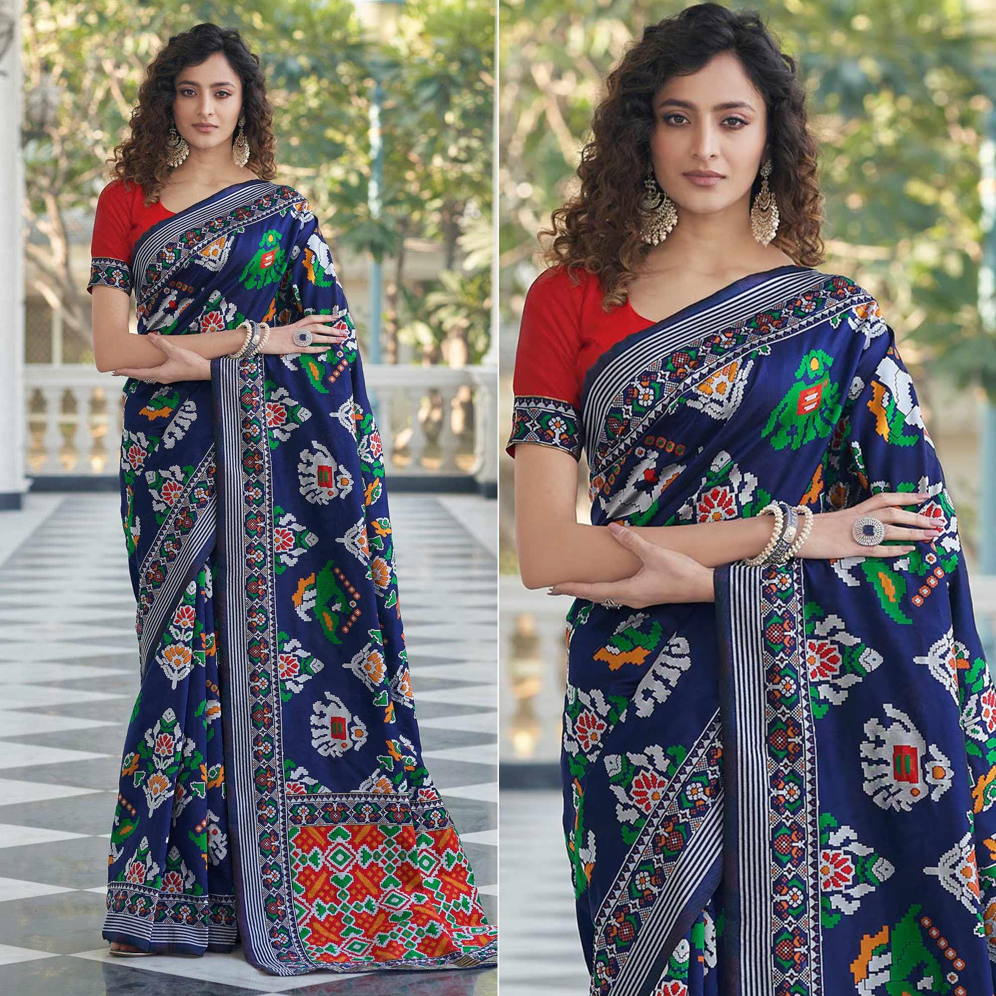 Navy Blue Festive Wear Printed With Weaving Patola Silk Saree - Peachmode