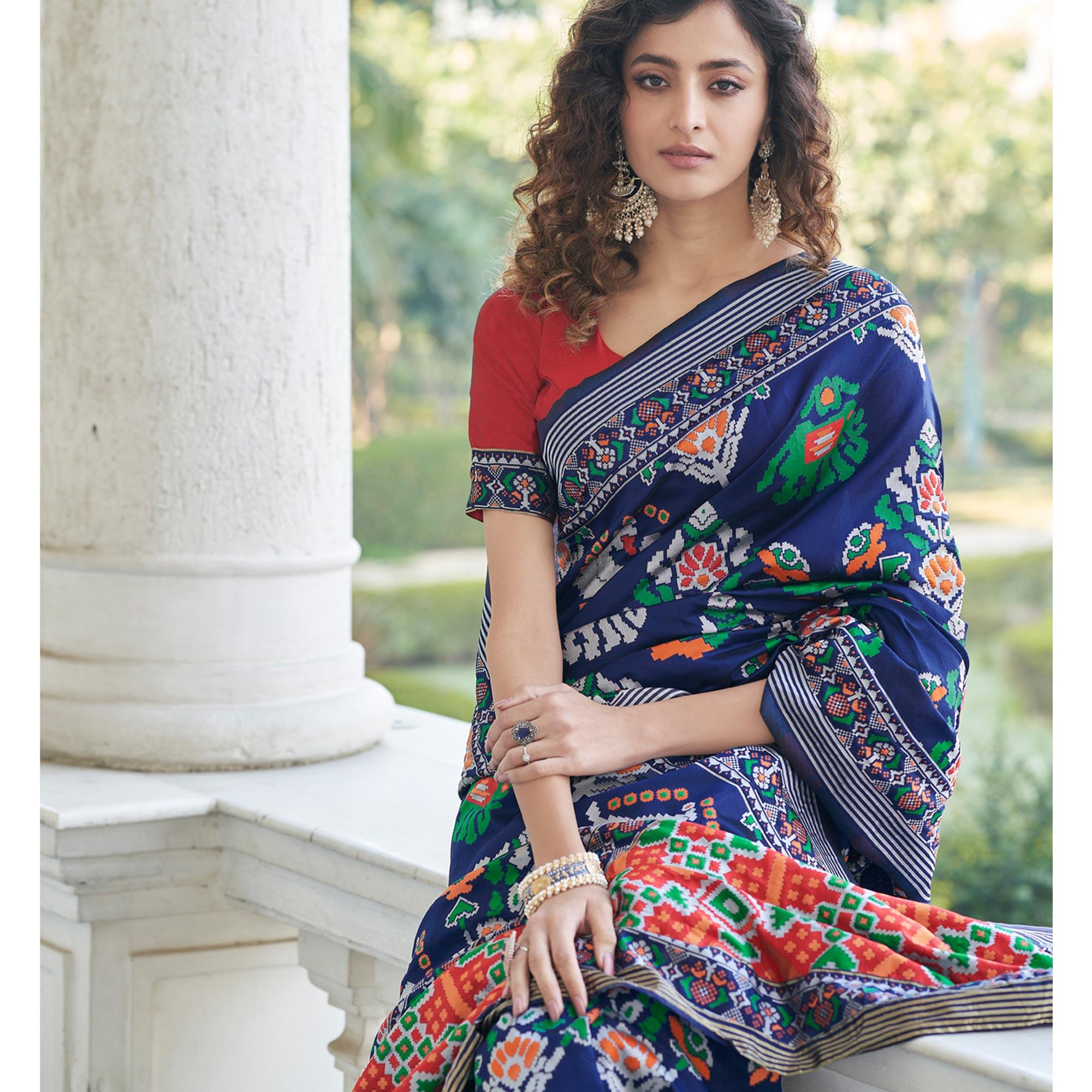 Navy Blue Festive Wear Printed With Weaving Patola Silk Saree - Peachmode