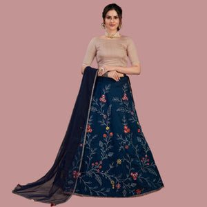 Navy Blue Festive Wear Thread Floral Embroidered With Mirror Pasting Art Silk Lehenga Choli - Peachmode