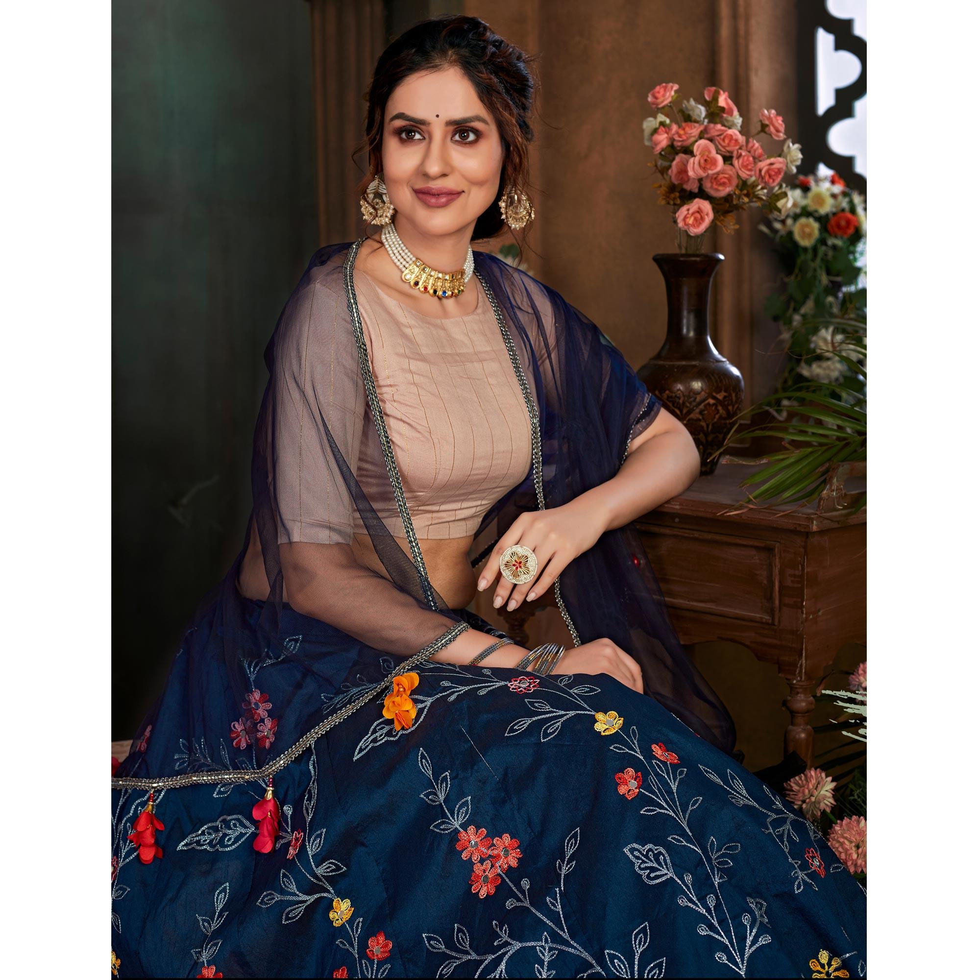 Navy Blue Festive Wear Thread Floral Embroidered With Mirror Pasting Art Silk Lehenga Choli - Peachmode