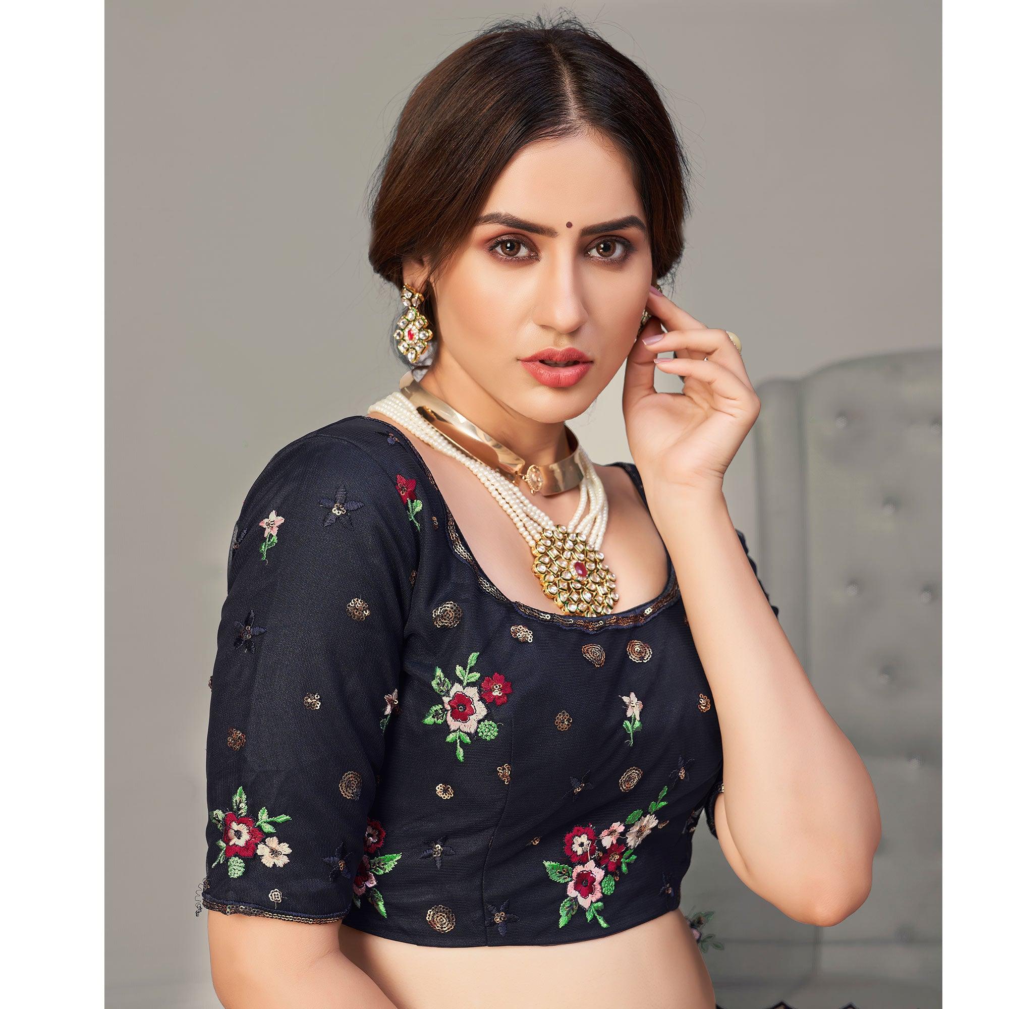 Navy Blue Festive Wear Thread With Floral Sequence Embroidered Net Lehenga Choli - Peachmode