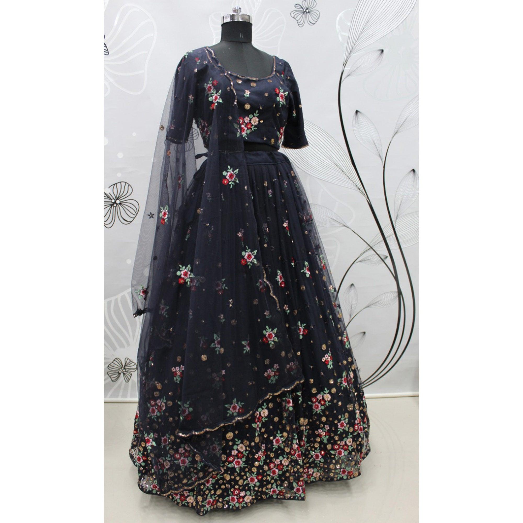 Navy Blue Festive Wear Thread With Floral Sequence Embroidered Net Lehenga Choli - Peachmode