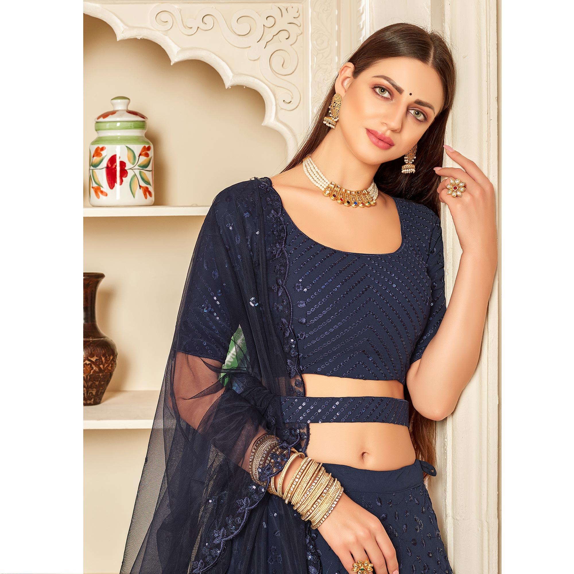 Navy Blue Festive Wear Thread with Sequence Embroidered Georgette Lehenga Choli - Peachmode