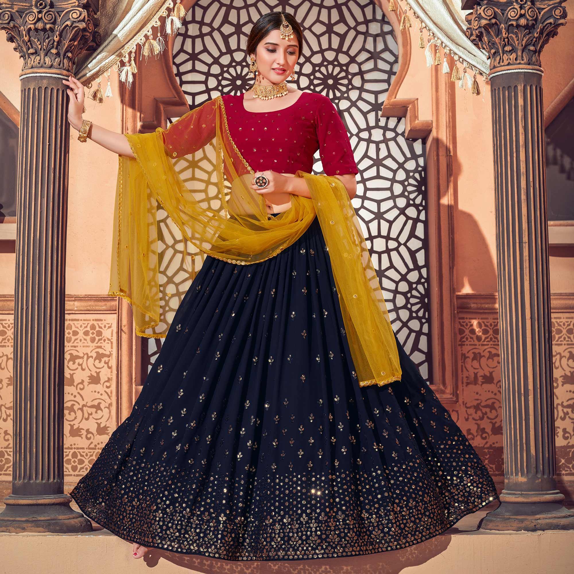 Navy Blue Festive Wear Thread with Sequence Embroidered Georgette Lehenga Choli - Peachmode