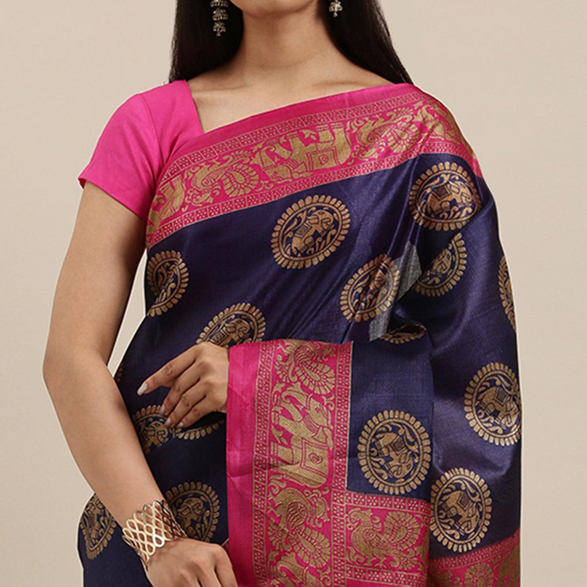 Navy Blue Festive Wear Woven Art Silk Saree With Tassels - Peachmode