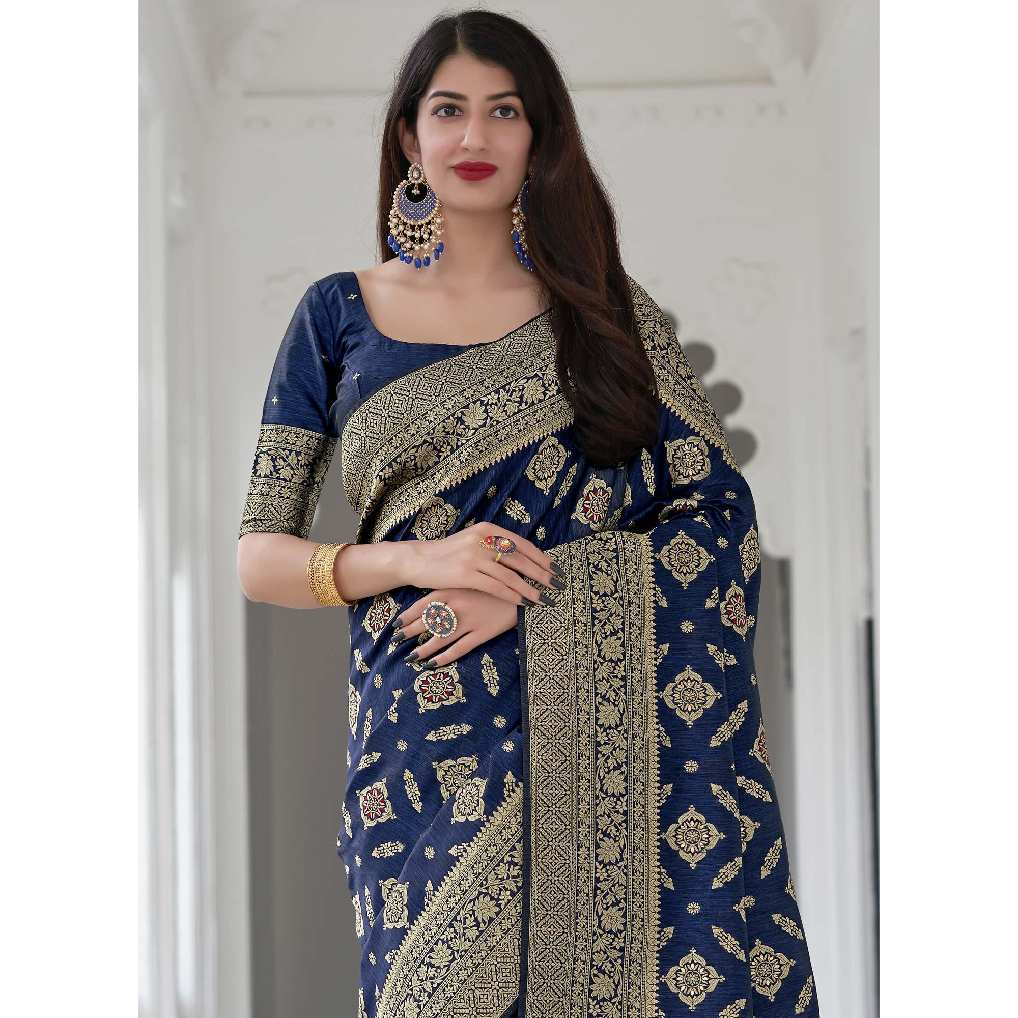Navy Blue Festive Wear Woven Banarasi Art Silk Saree - Peachmode