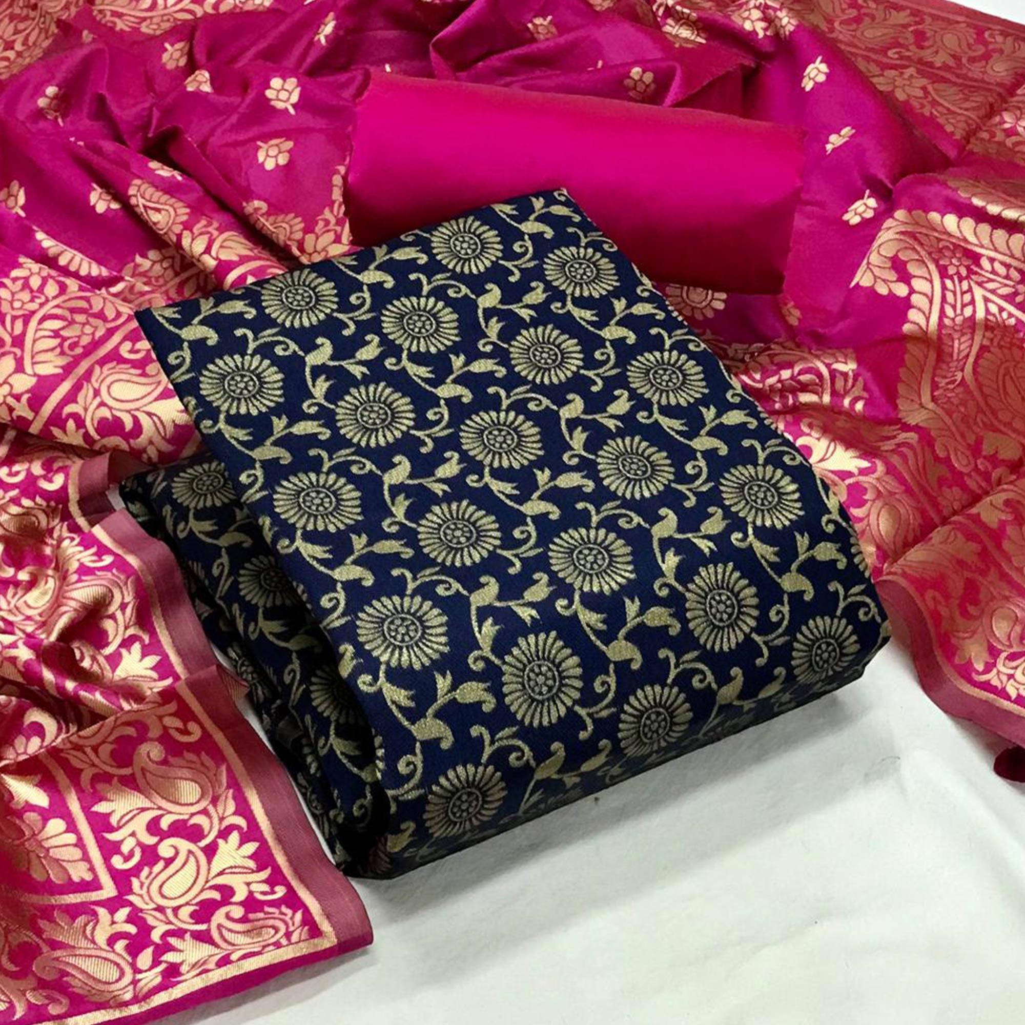 Navy Blue Festive Wear Woven Banarasi Silk Dress Material - Peachmode