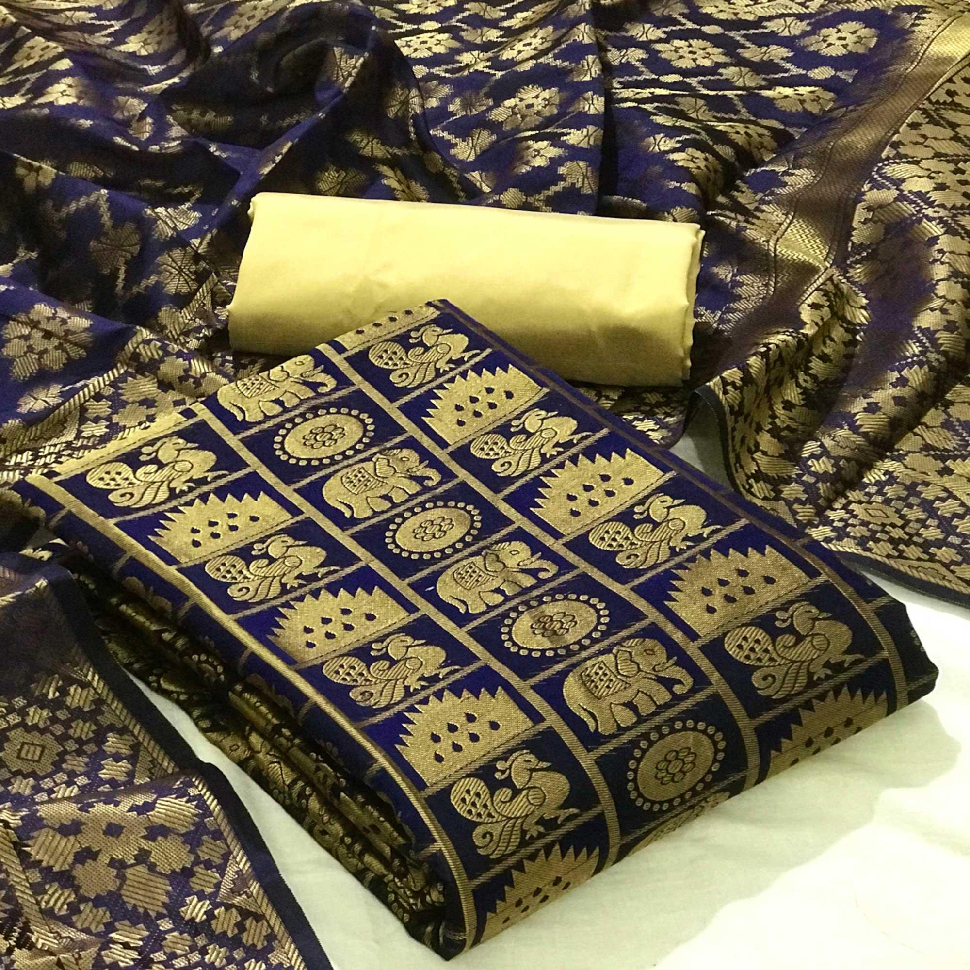 Navy Blue Festive Wear Woven Banarasi Silk Dress Material - Peachmode