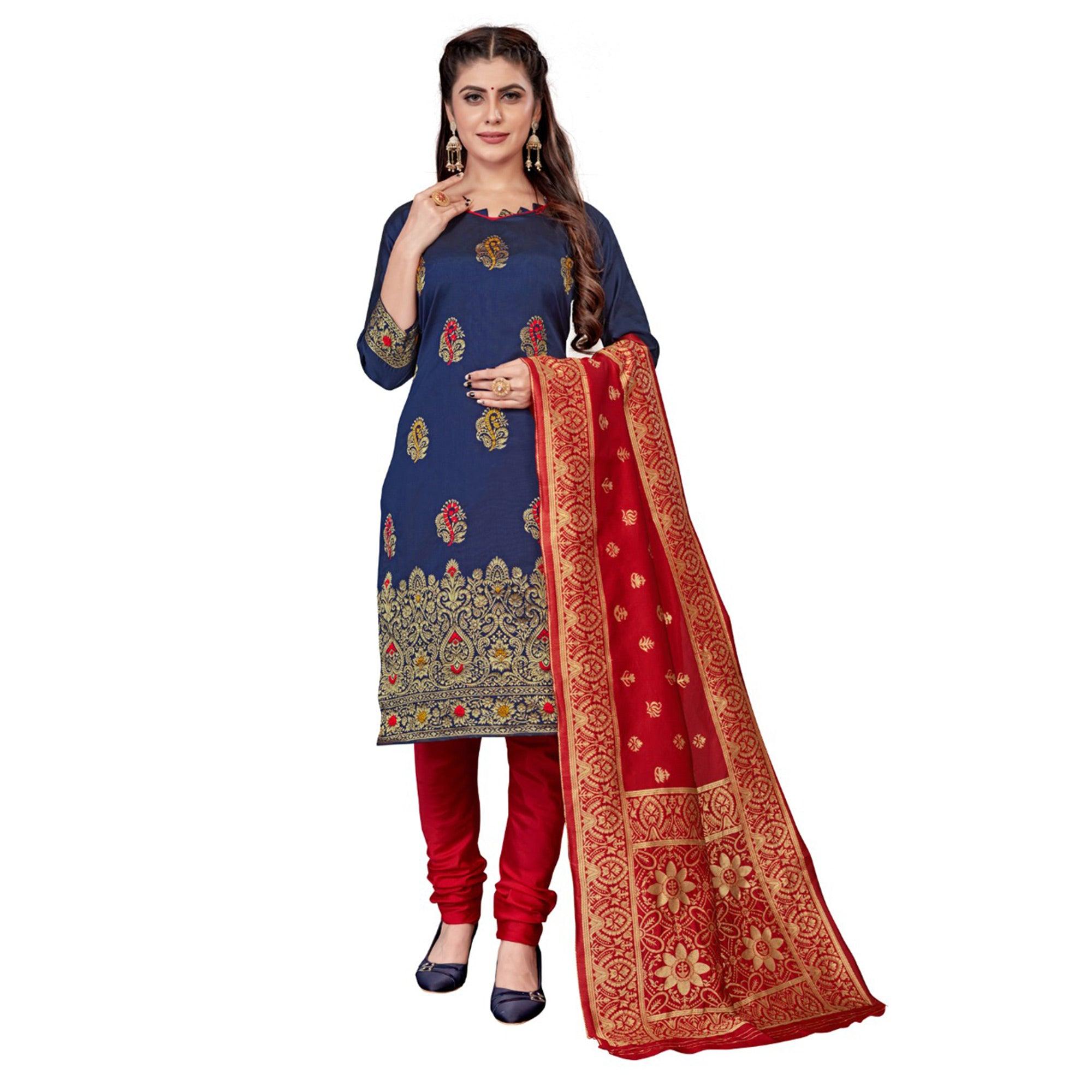 Navy Blue Festive Wear Woven Banarasi Silk Dress Material - Peachmode