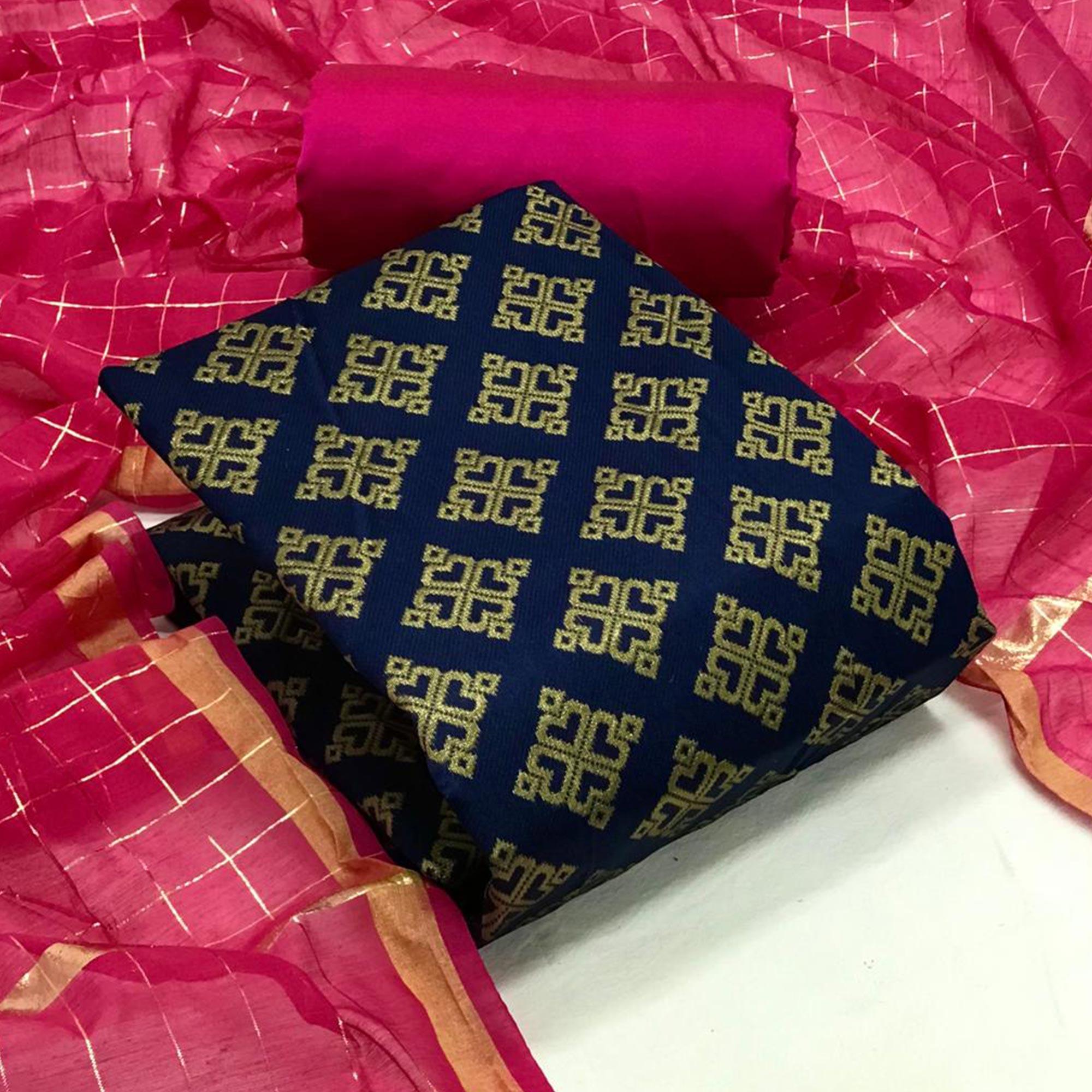 Navy Blue Festive Wear Woven Banarasi Silk Dress Material - Peachmode