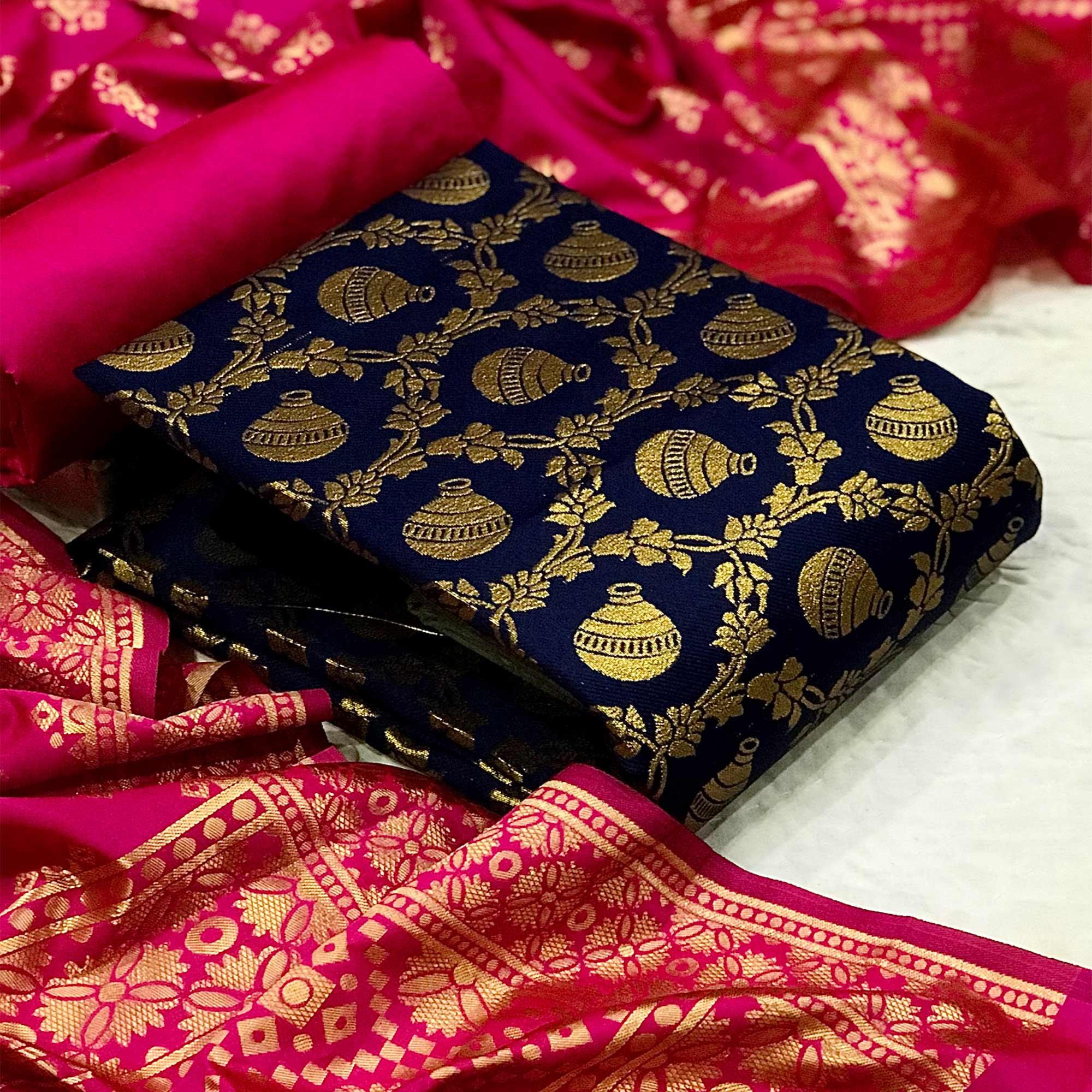Navy Blue Festive Wear Woven Banarasi Silk Dress Material - Peachmode