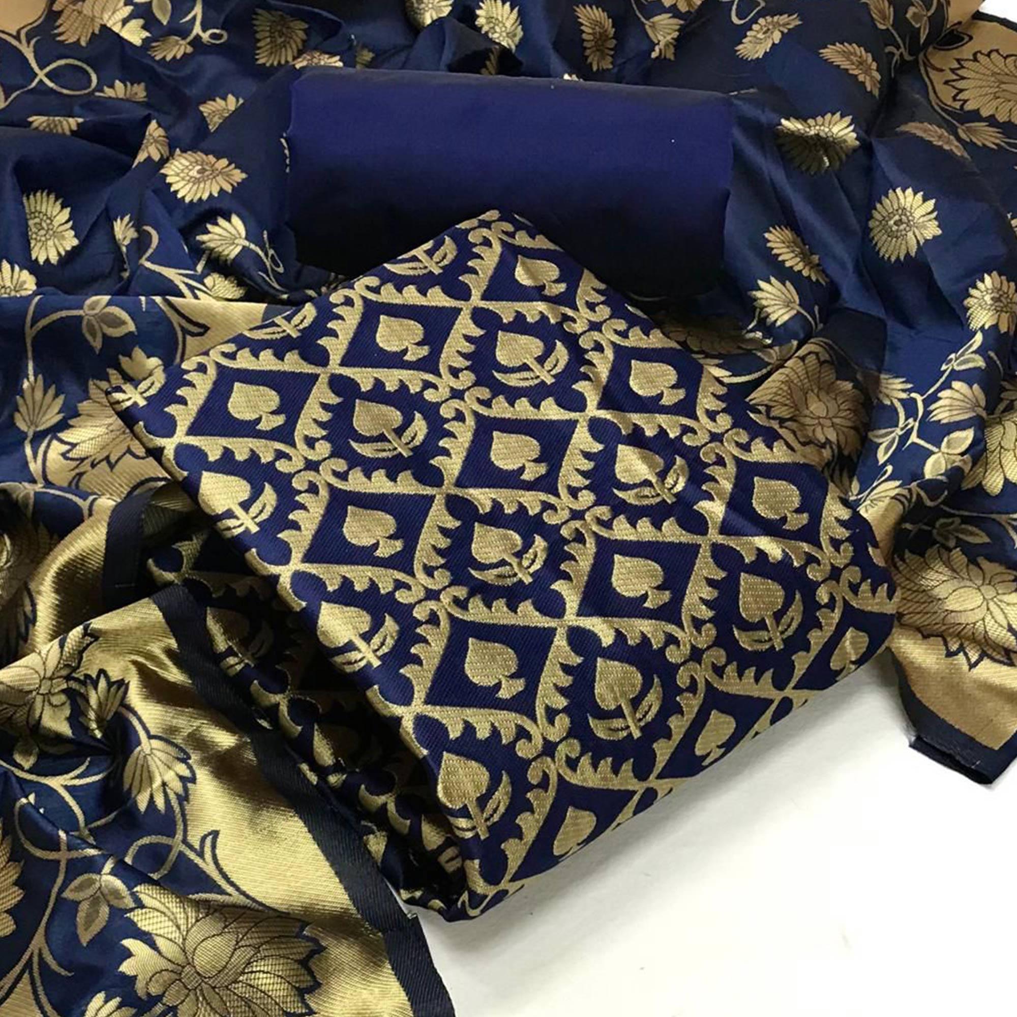 Navy Blue Festive Wear Woven Banarasi Silk Dress Material - Peachmode
