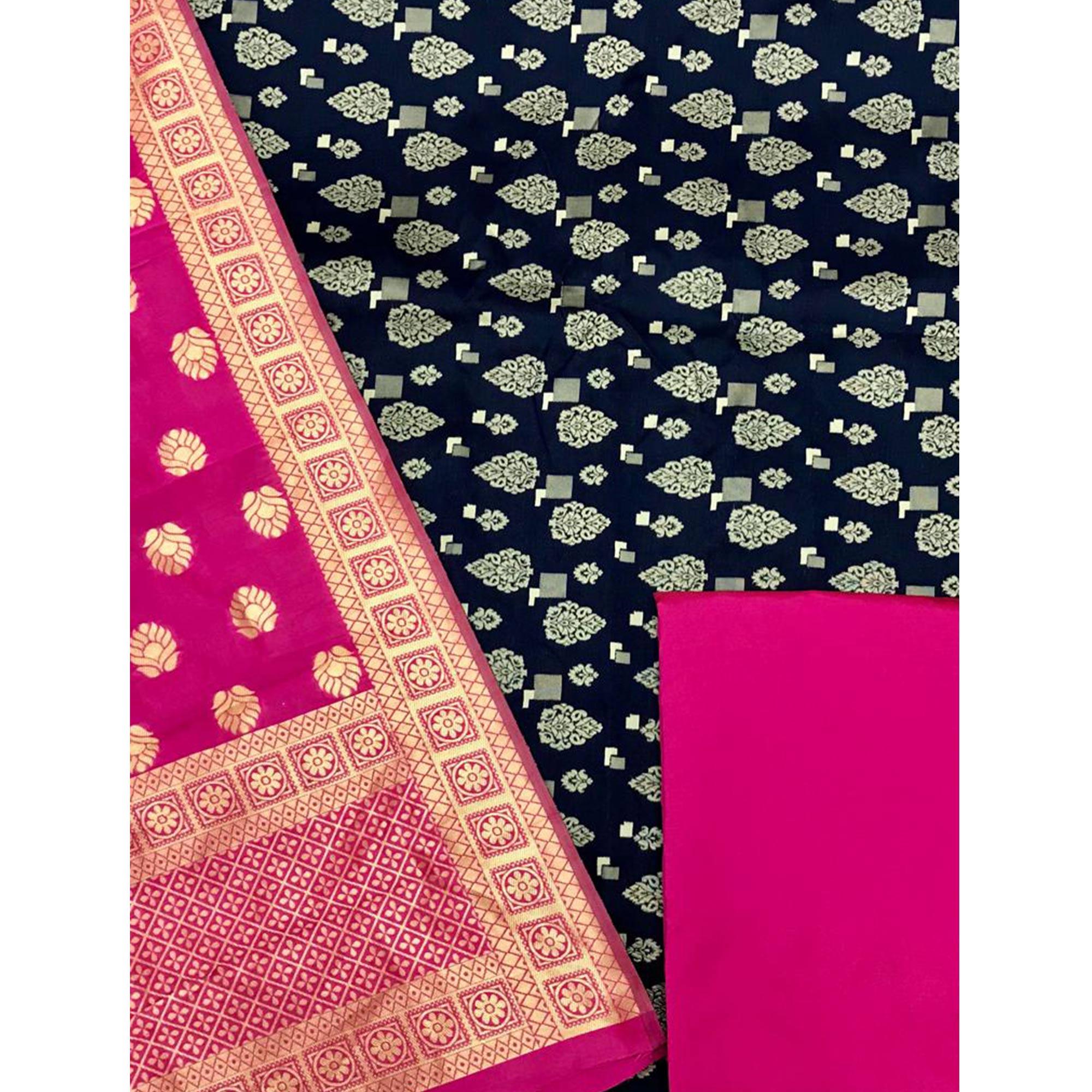 Navy Blue Festive Wear Woven Banarasi Silk Dress Material - Peachmode