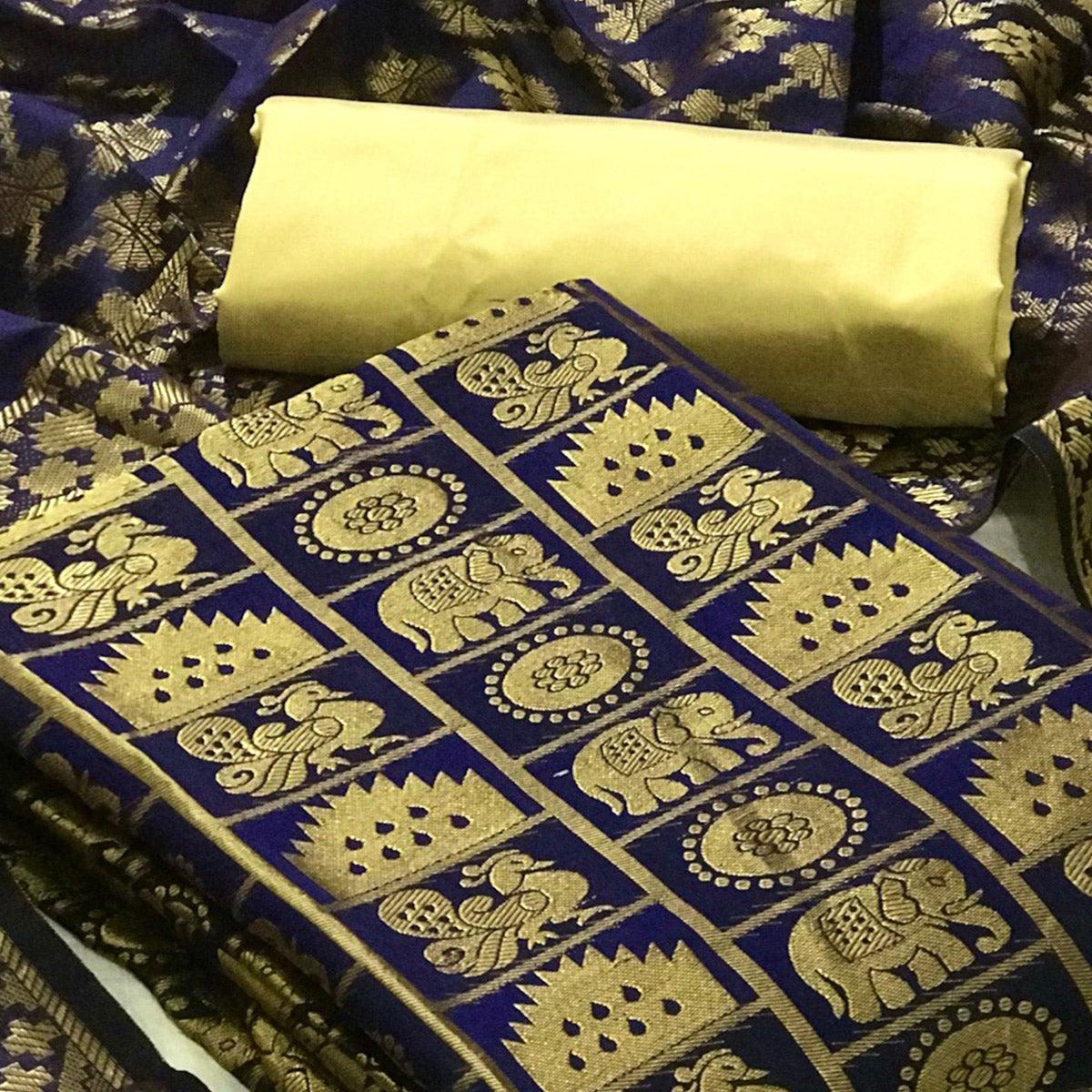 Navy Blue Festive Wear Woven Banarasi Silk Dress Material - Peachmode