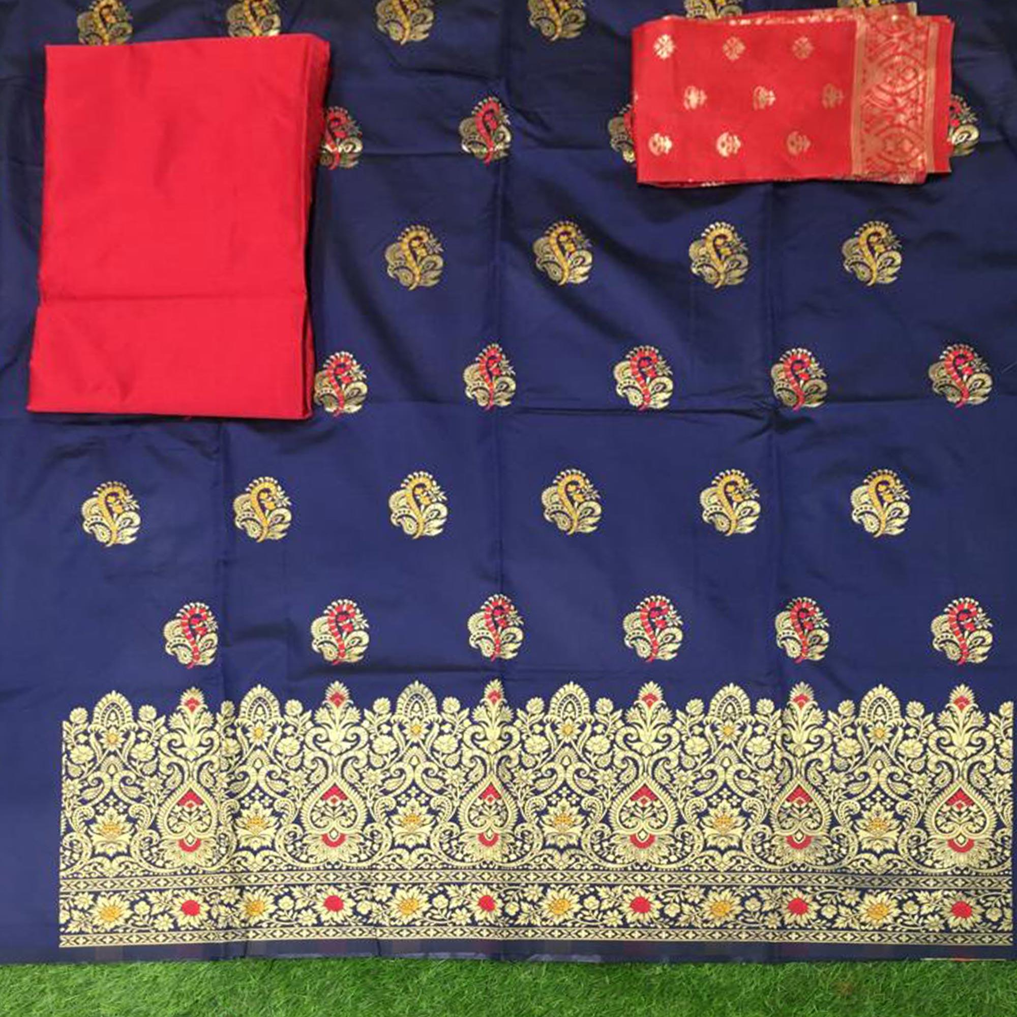 Navy Blue Festive Wear Woven Banarasi Silk Dress Material - Peachmode