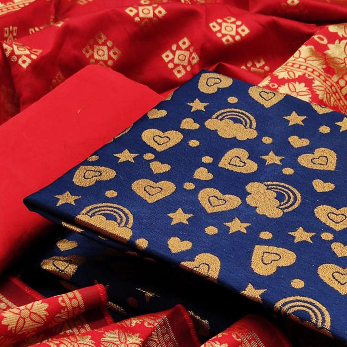 Navy Blue Festive Wear Woven Banarasi Silk Dress Material - Peachmode