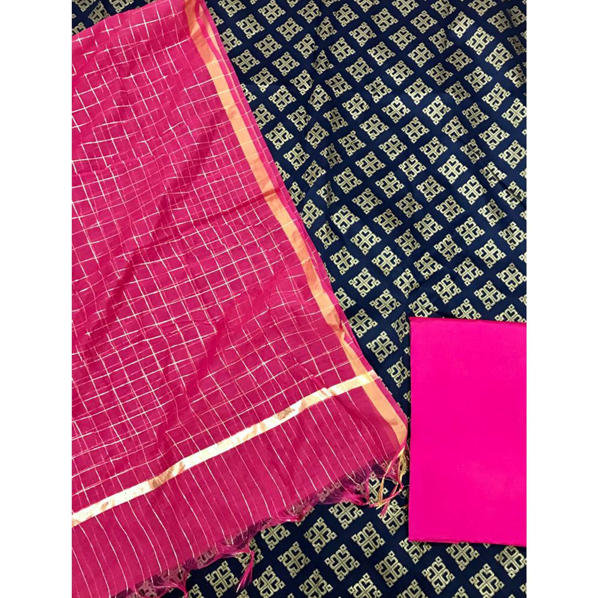 Navy Blue Festive Wear Woven Banarasi Silk Dress Material - Peachmode