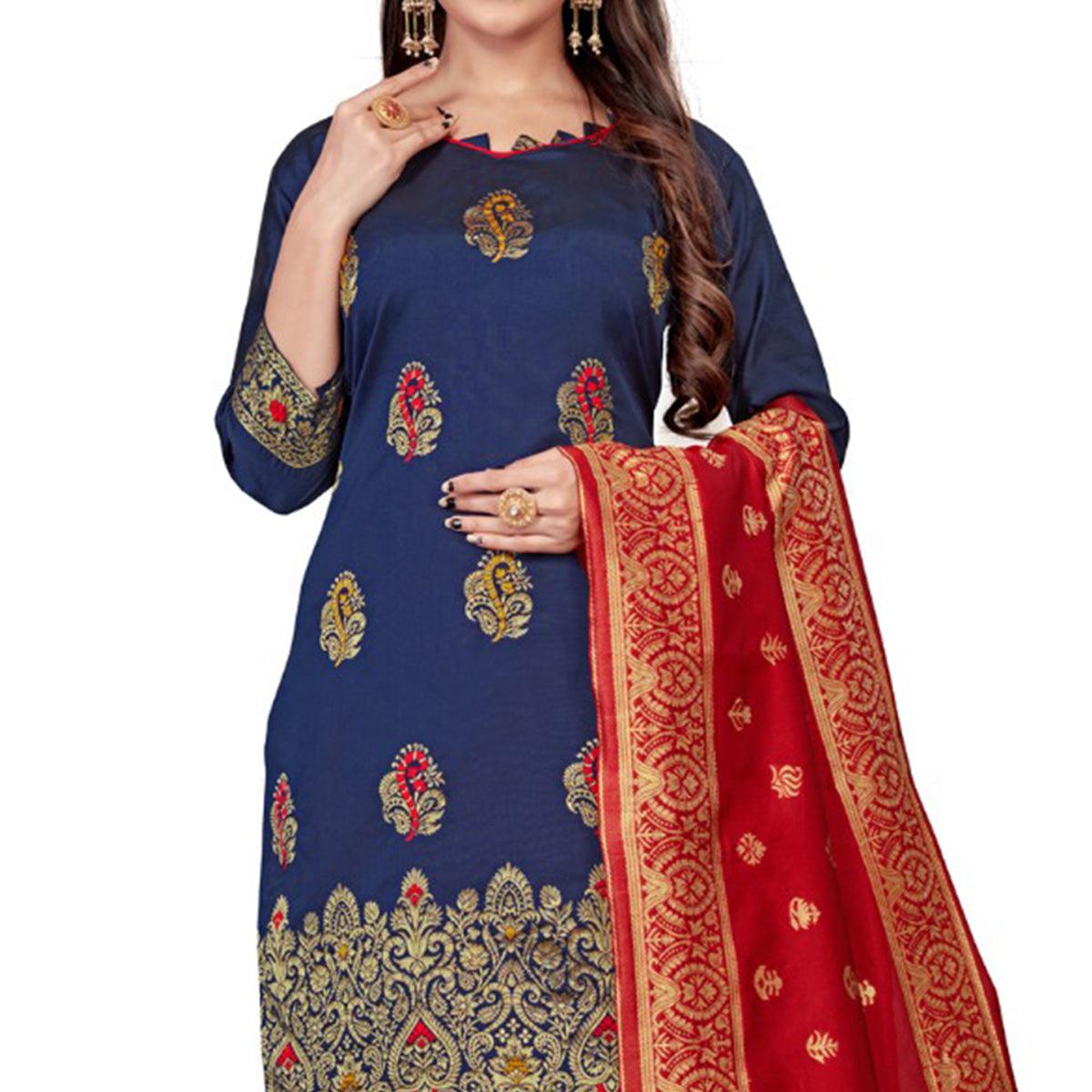 Navy Blue Festive Wear Woven Banarasi Silk Dress Material - Peachmode