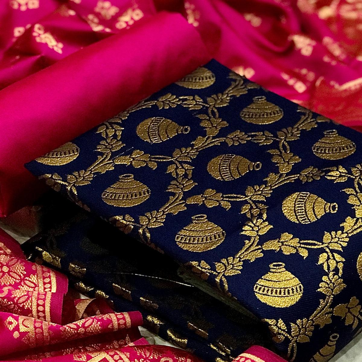 Navy Blue Festive Wear Woven Banarasi Silk Dress Material - Peachmode