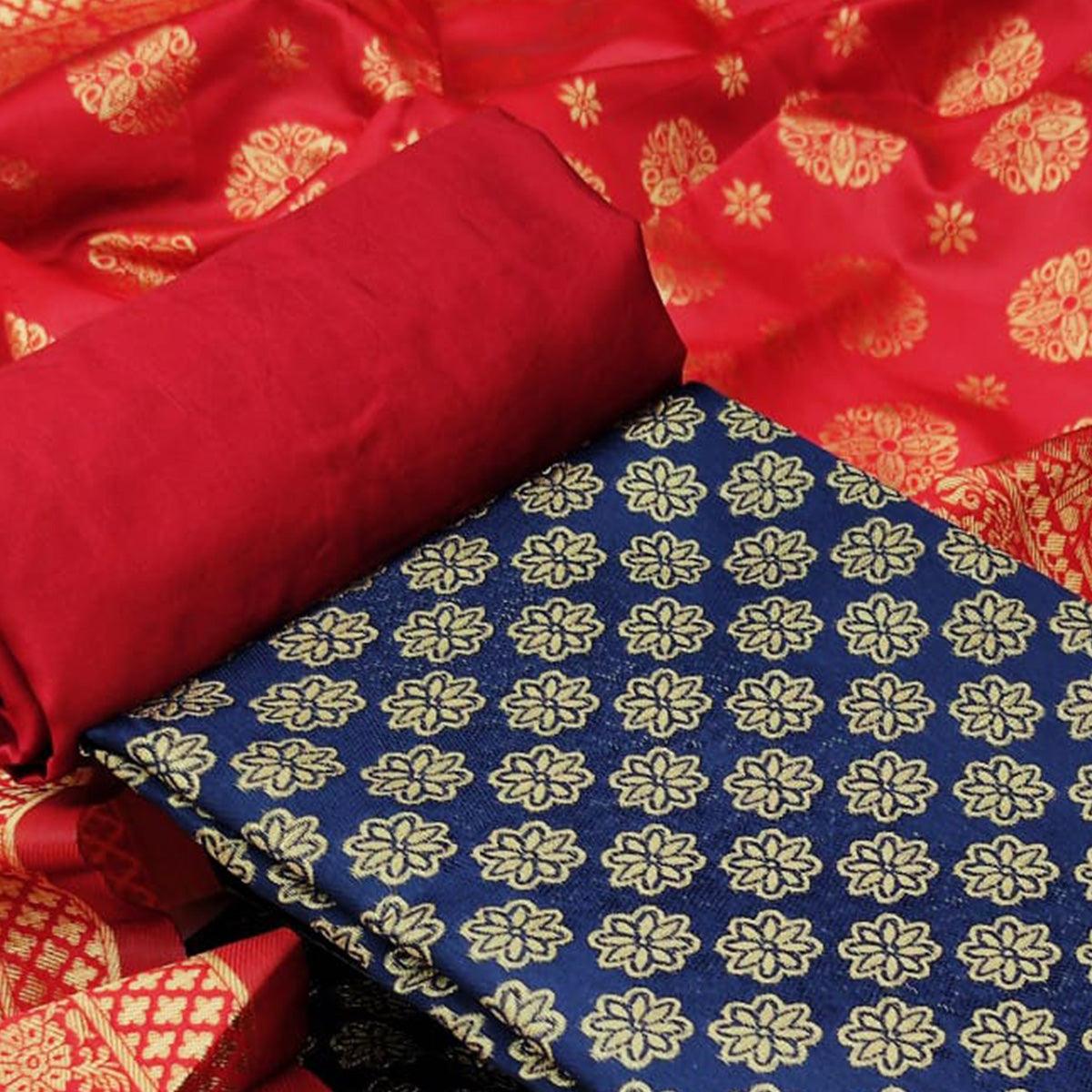 Navy Blue Festive Wear Woven Banarasi Silk Dress Material - Peachmode