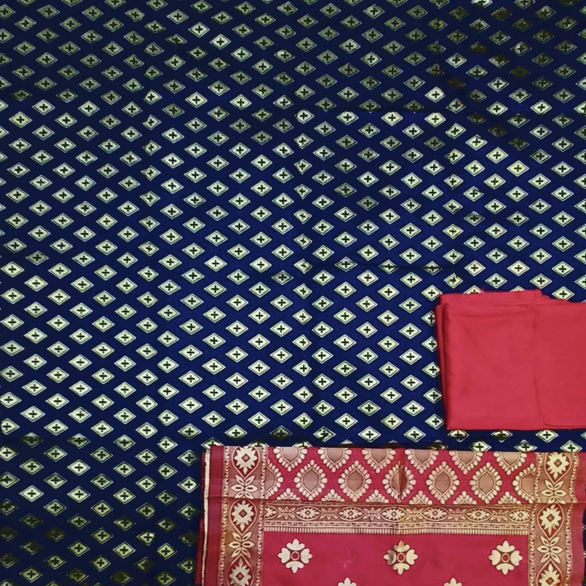 Navy Blue Festive Wear Woven Banarasi Silk Dress Material - Peachmode
