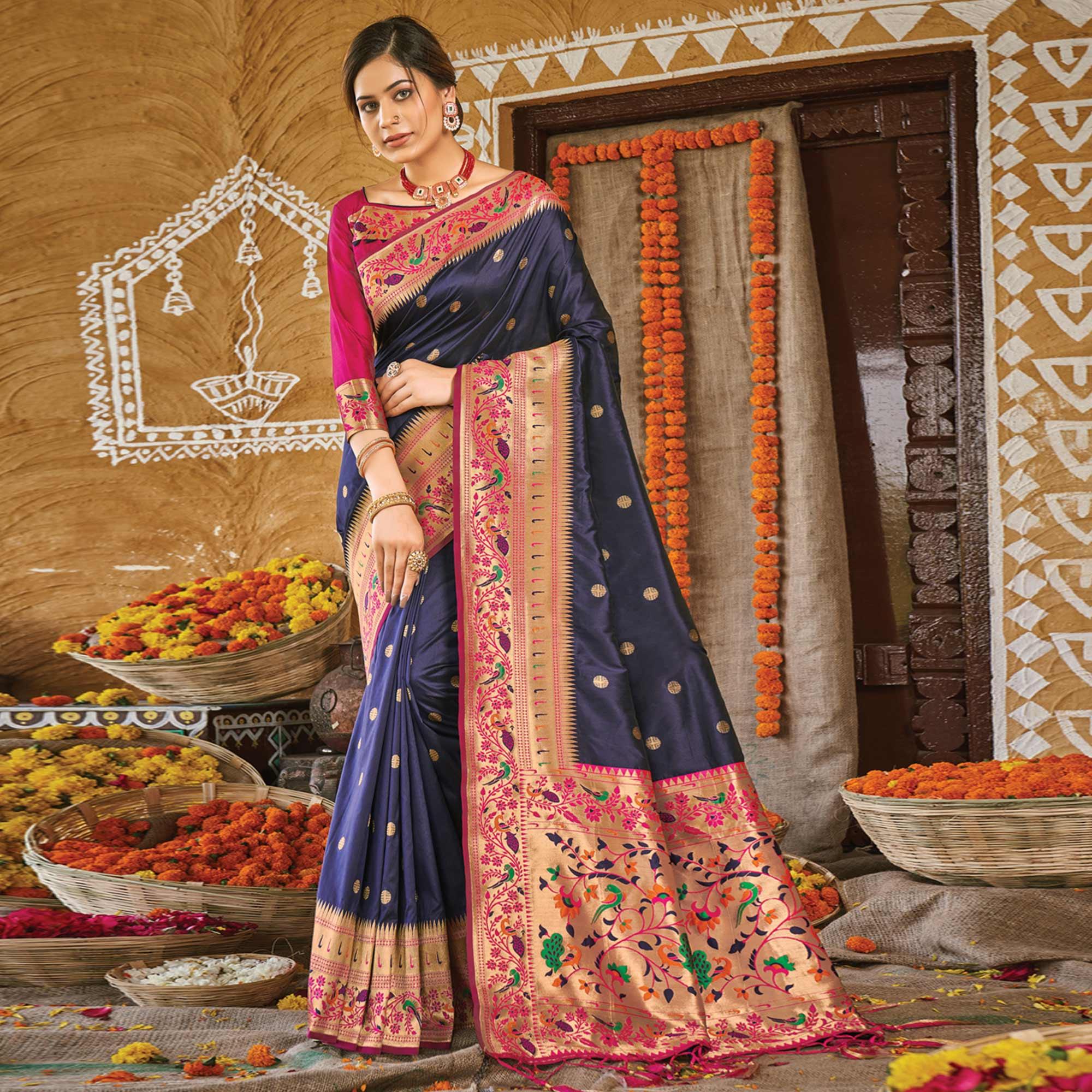 Navy Blue Festive Wear Woven Banarasi Silk Paithani Saree With Tassels - Peachmode
