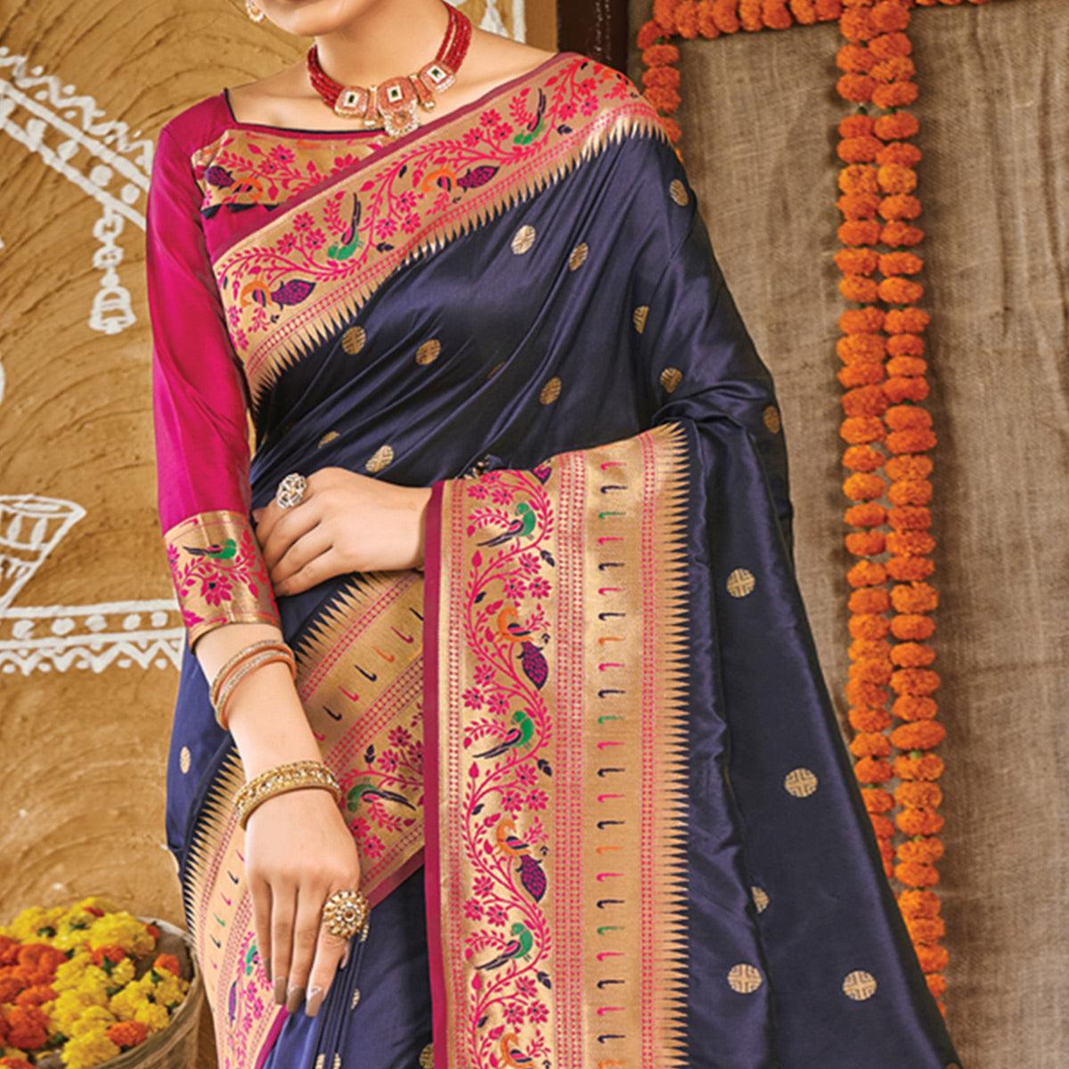 Navy Blue Festive Wear Woven Banarasi Silk Paithani Saree With Tassels - Peachmode