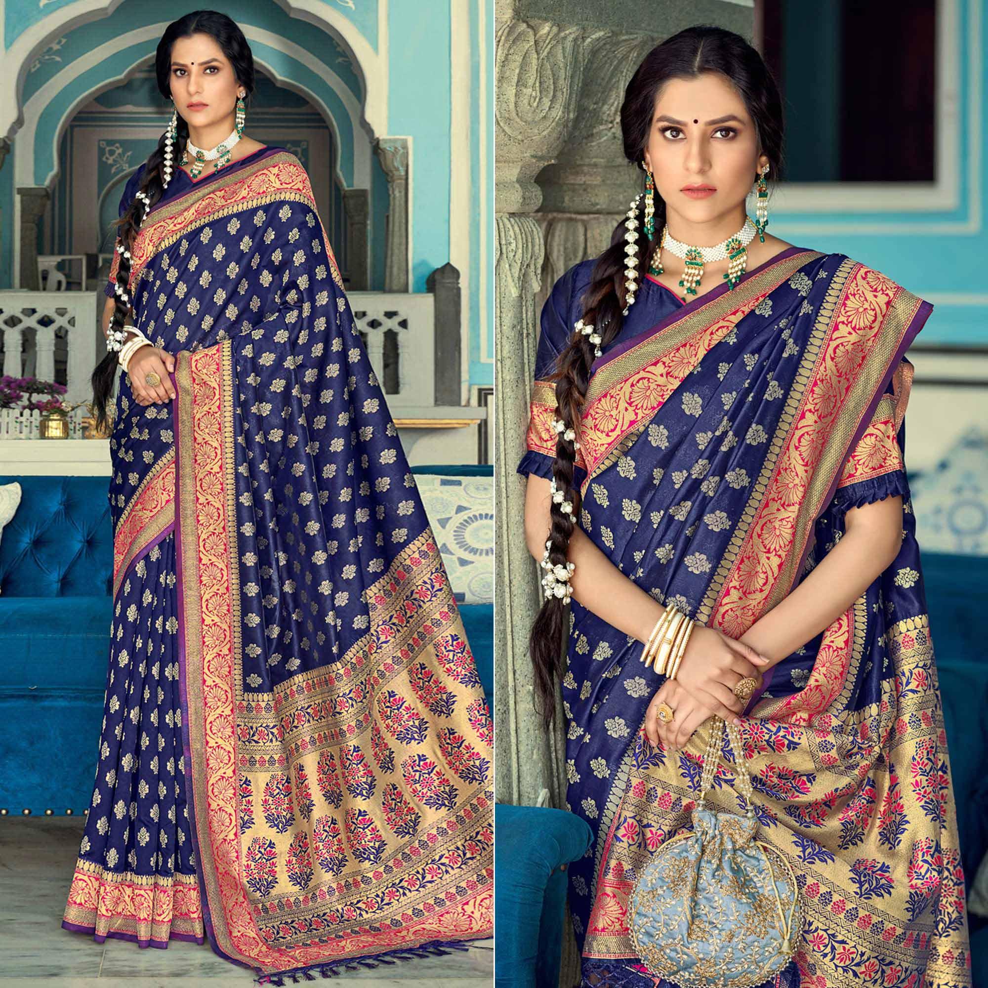 Navy Blue Festive Wear Woven Banarasi Silk Saree - Peachmode