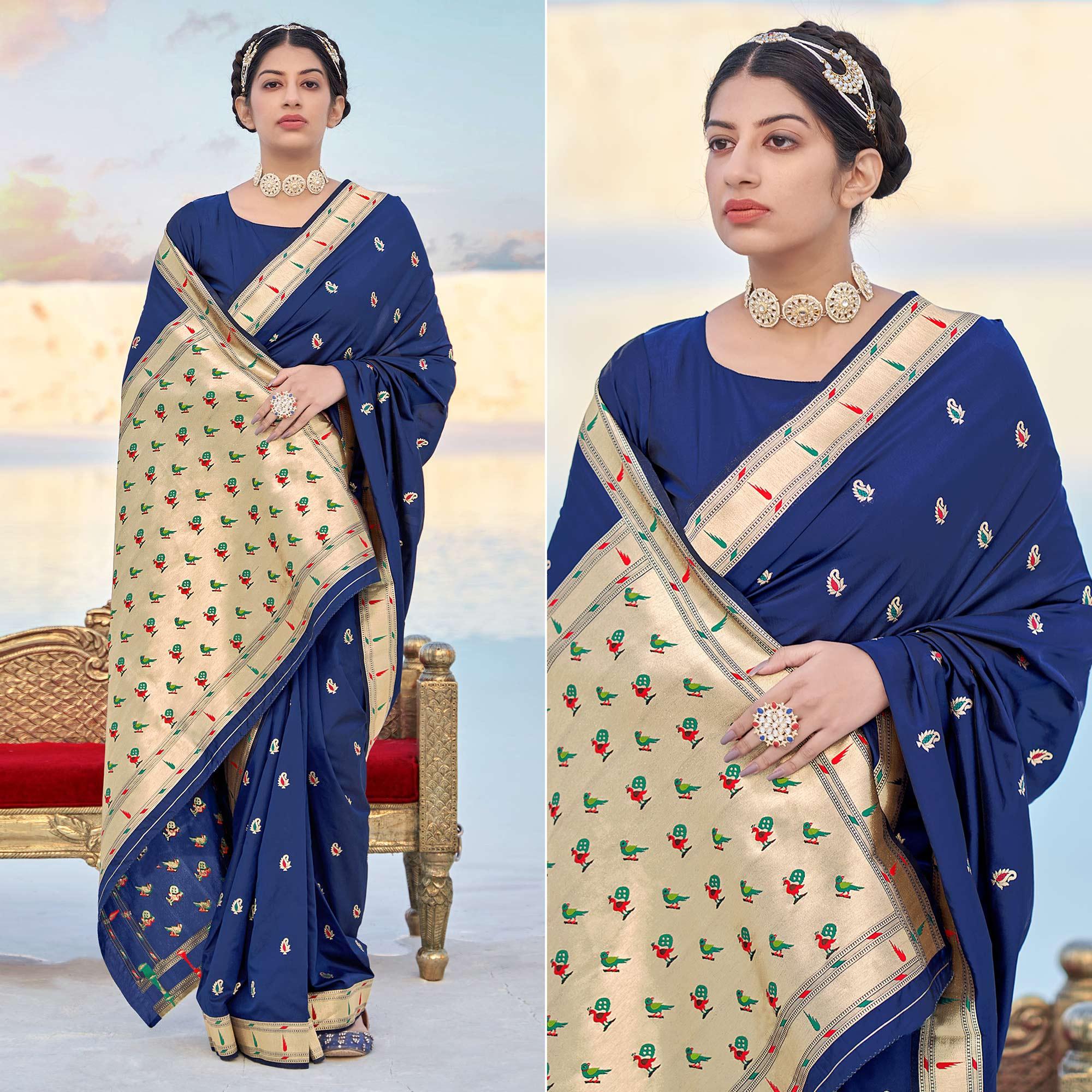 Navy Blue Festive Wear Woven Banarasi Silk Saree - Peachmode