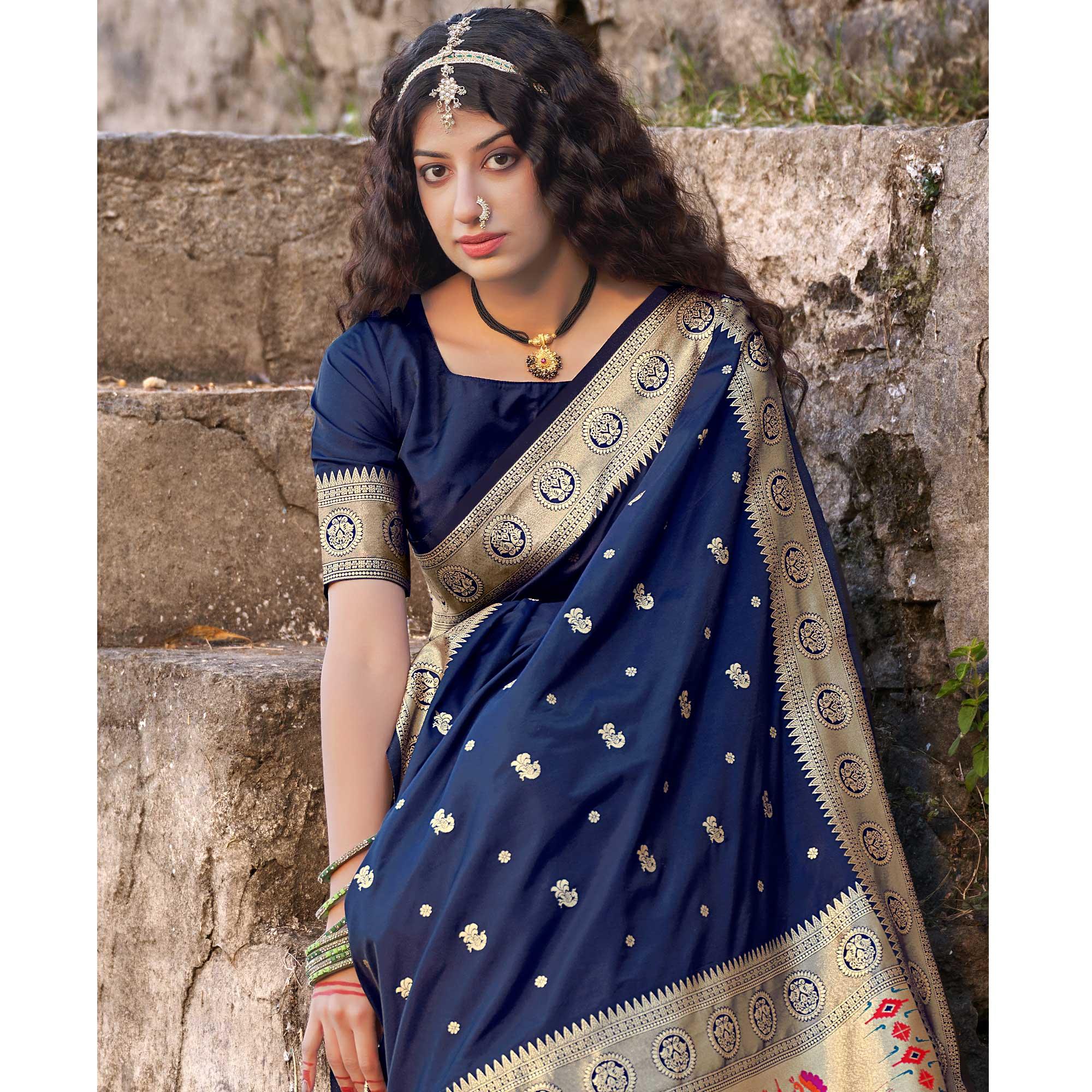 Navy Blue Festive Wear Woven Banarasi Silk Saree - Peachmode