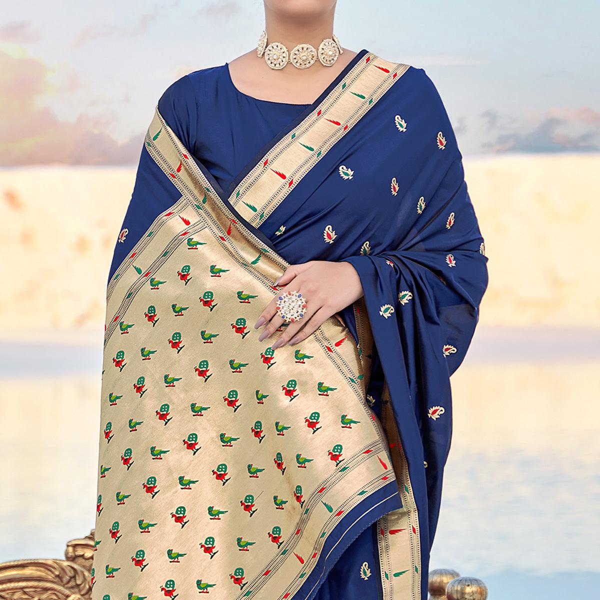Navy Blue Festive Wear Woven Banarasi Silk Saree - Peachmode