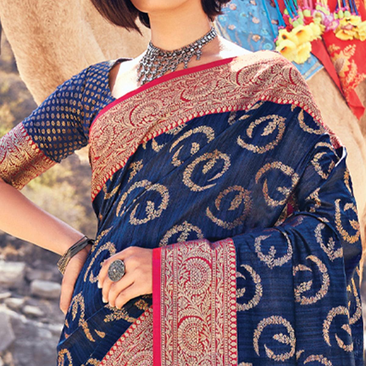 Navy Blue Festive Wear Woven Banarasi Silk Saree - Peachmode
