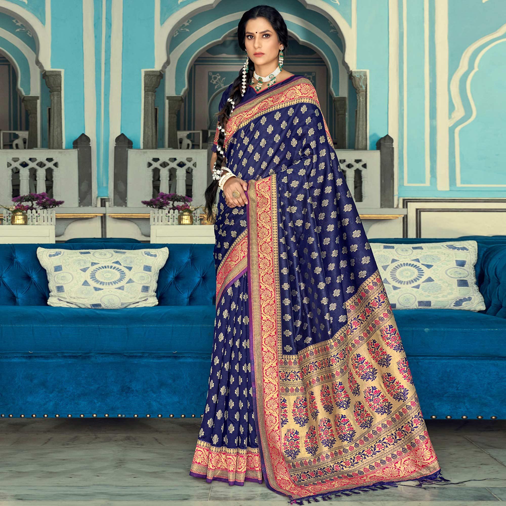 Navy Blue Festive Wear Woven Banarasi Silk Saree - Peachmode