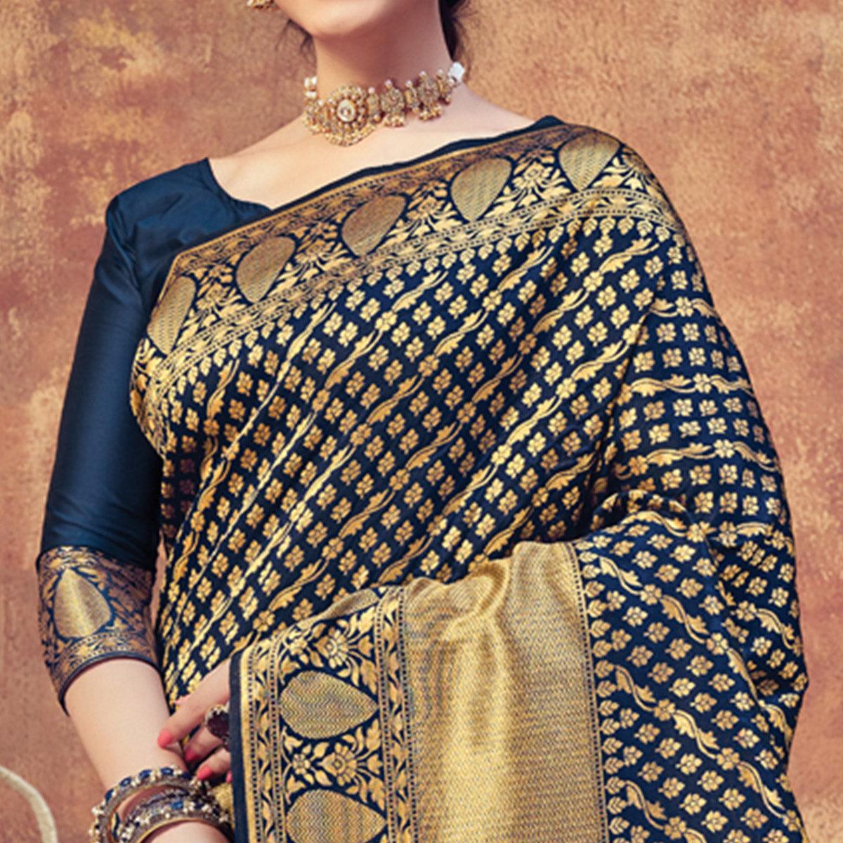 Navy Blue Festive Wear Woven Banarasi Silk Saree - Peachmode