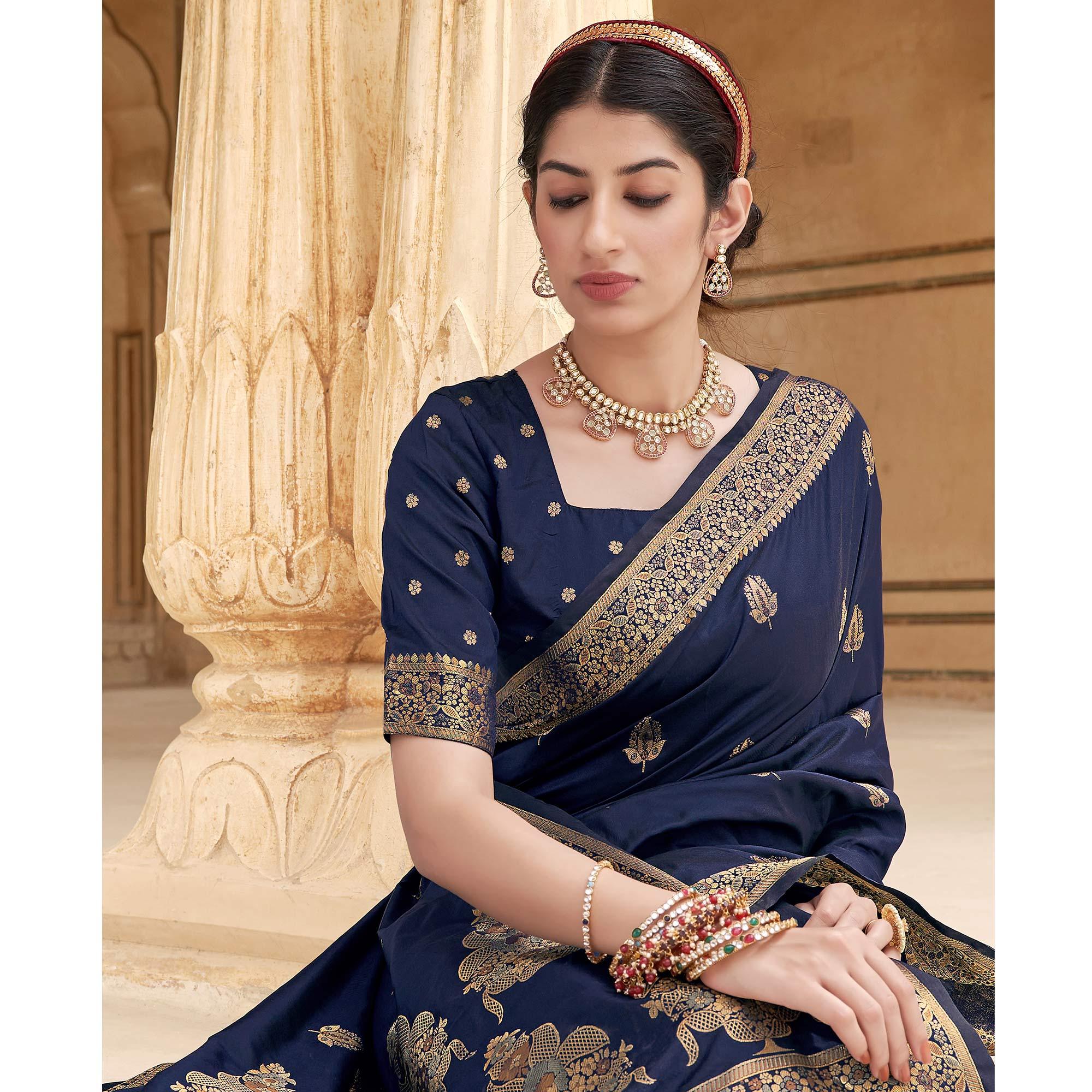 Navy Blue Festive Wear Woven Banarasi Silk Saree - Peachmode