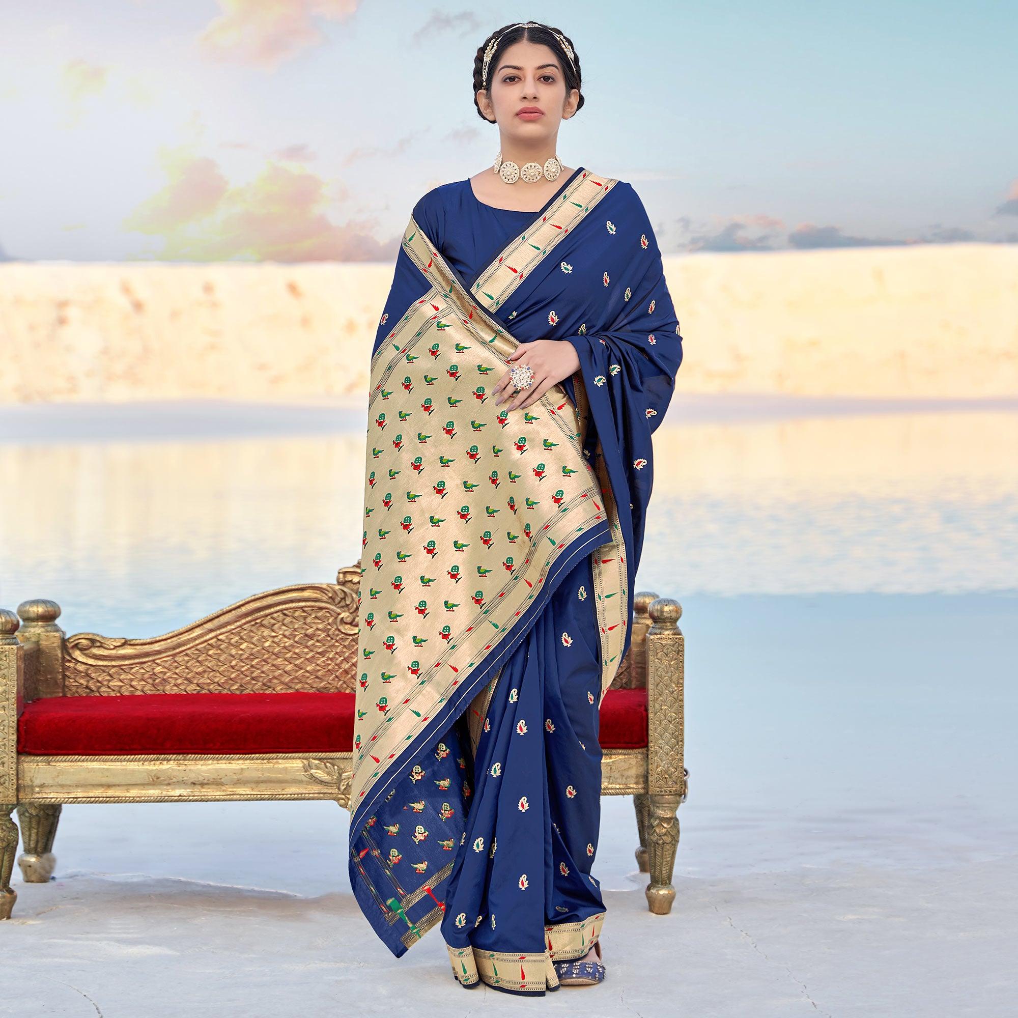 Navy Blue Festive Wear Woven Banarasi Silk Saree - Peachmode