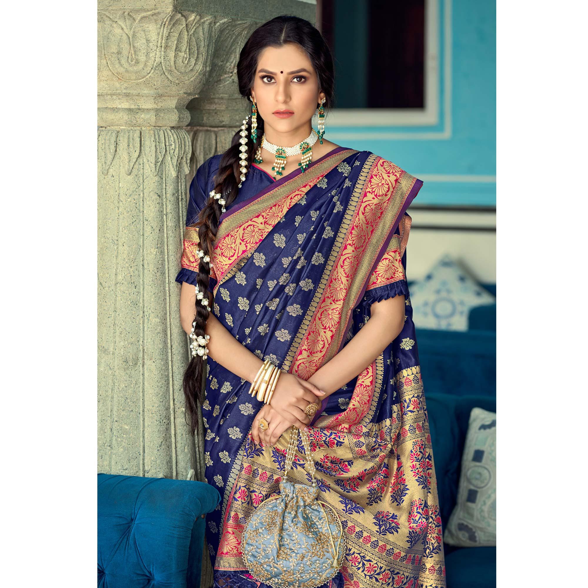 Navy Blue Festive Wear Woven Banarasi Silk Saree - Peachmode