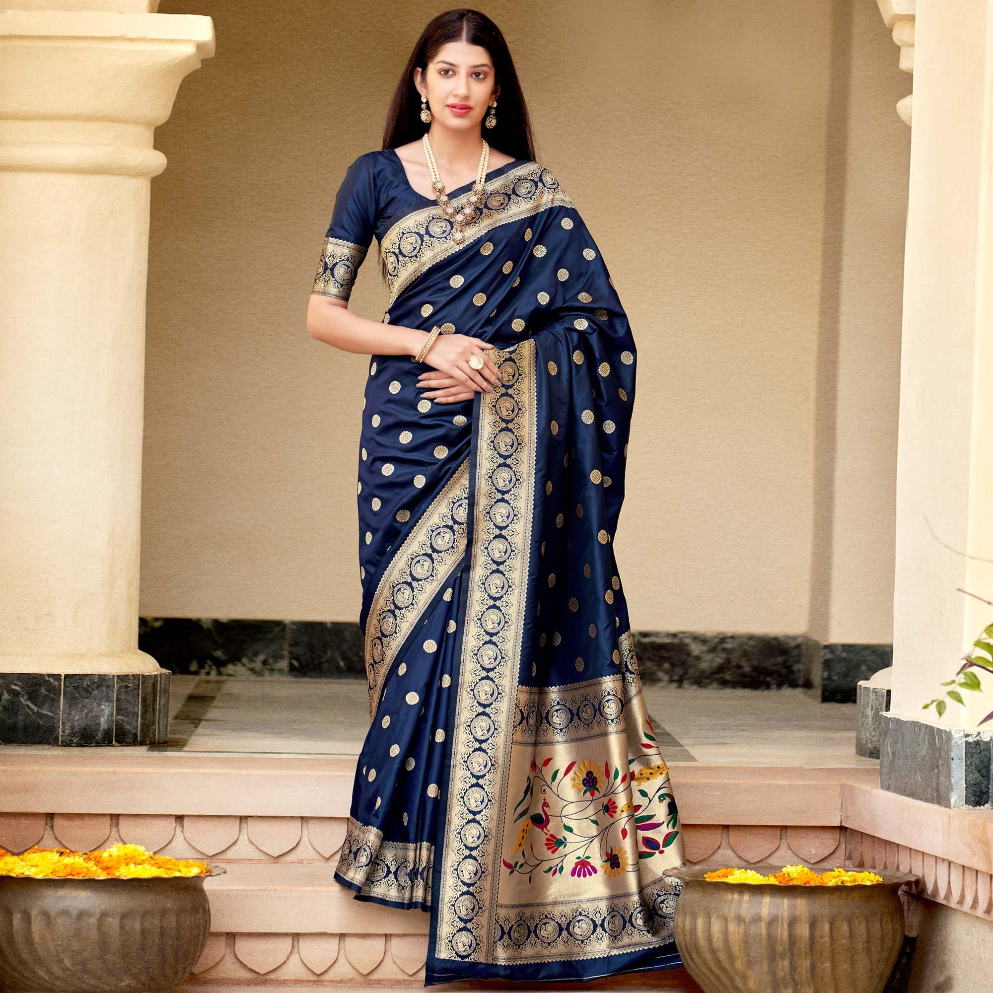 Navy Blue Festive Wear Woven Banarasi Soft Silk Saree - Peachmode