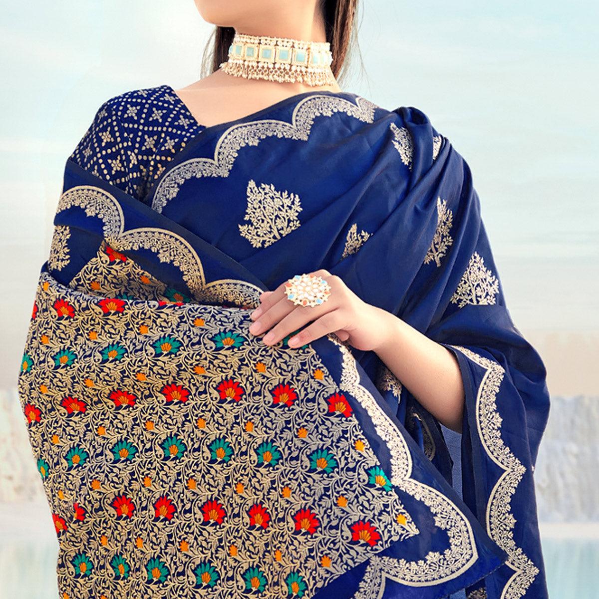 Navy Blue Festive Wear Woven Banarasi Soft Silk Saree - Peachmode