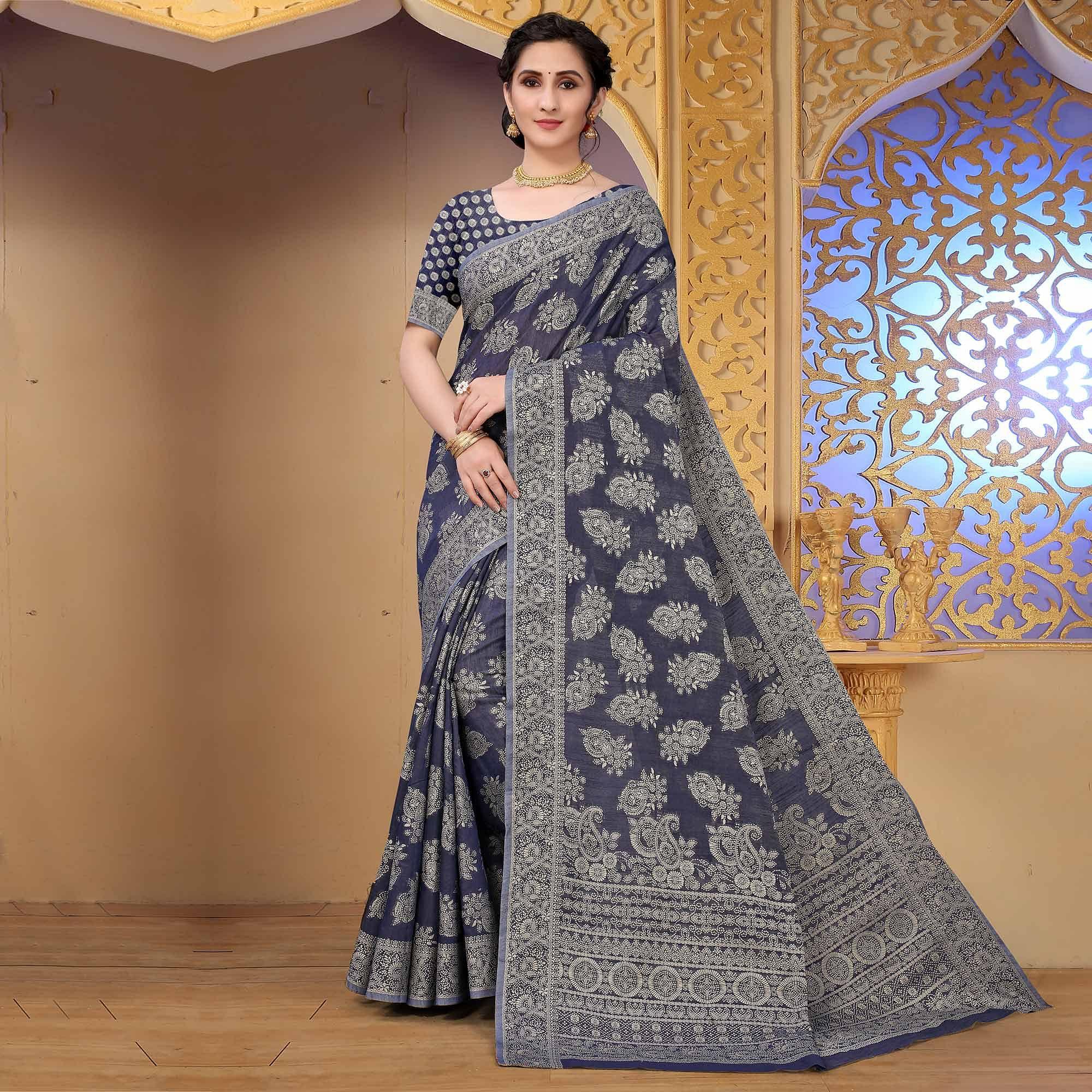 Navy Blue Festive Wear Woven Cotton Saree - Peachmode