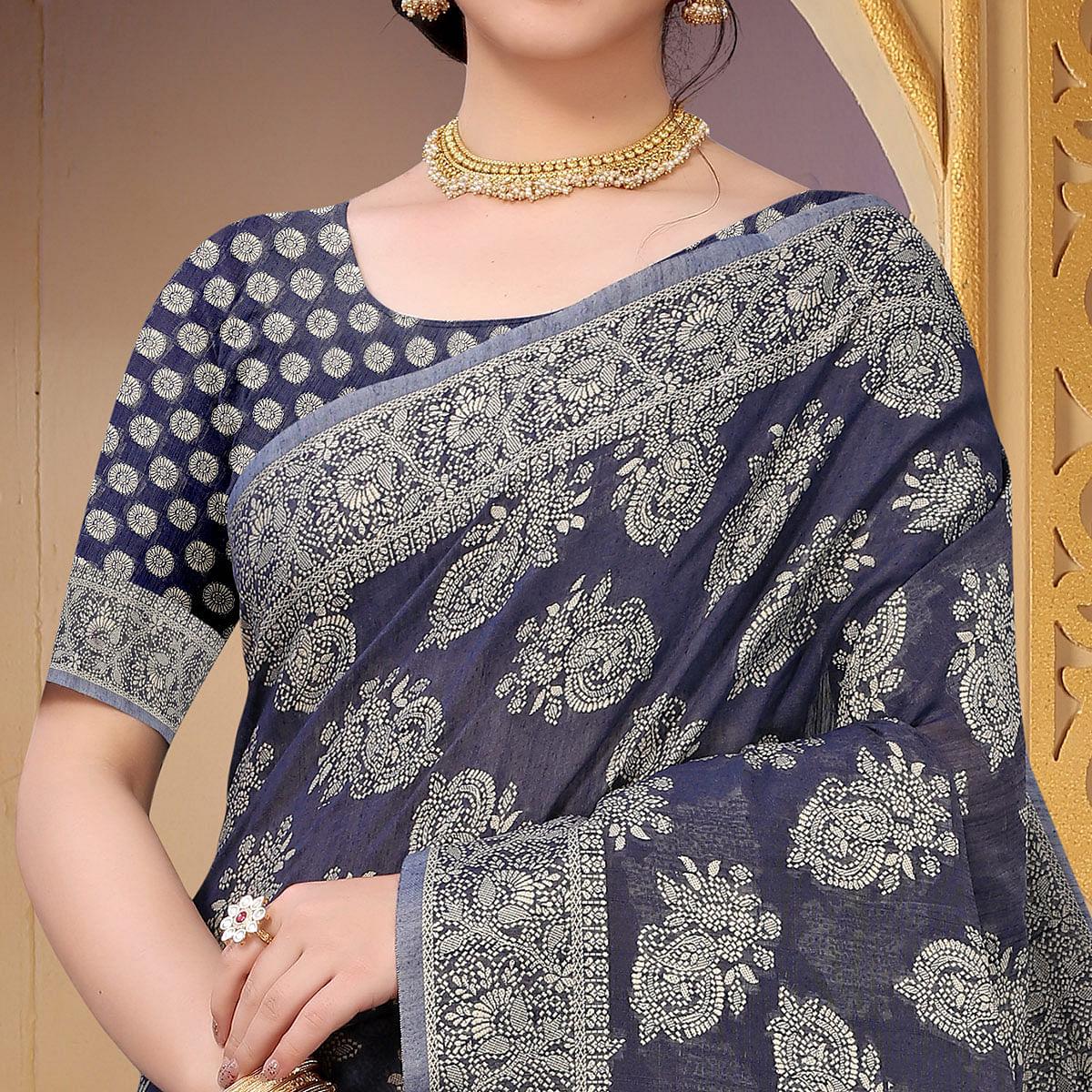Navy Blue Festive Wear Woven Cotton Saree - Peachmode